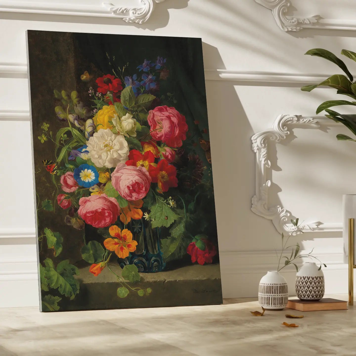 A Large Bouquet of Flowers with Roses, Nasturtium and Butterflies by Josef Lauer