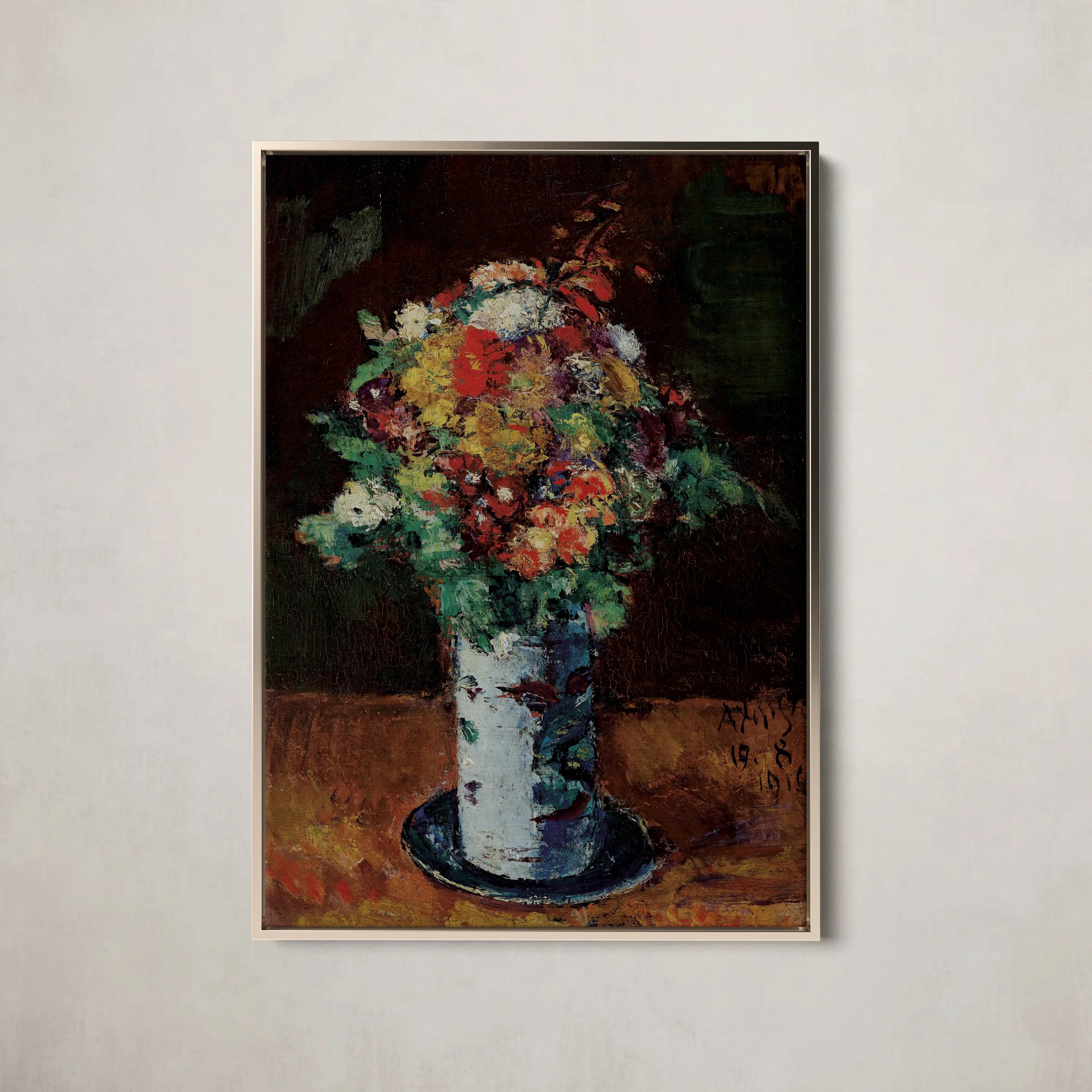 Blumenstrauß In Walzenkrug Auf Teller by Anton Faistauer