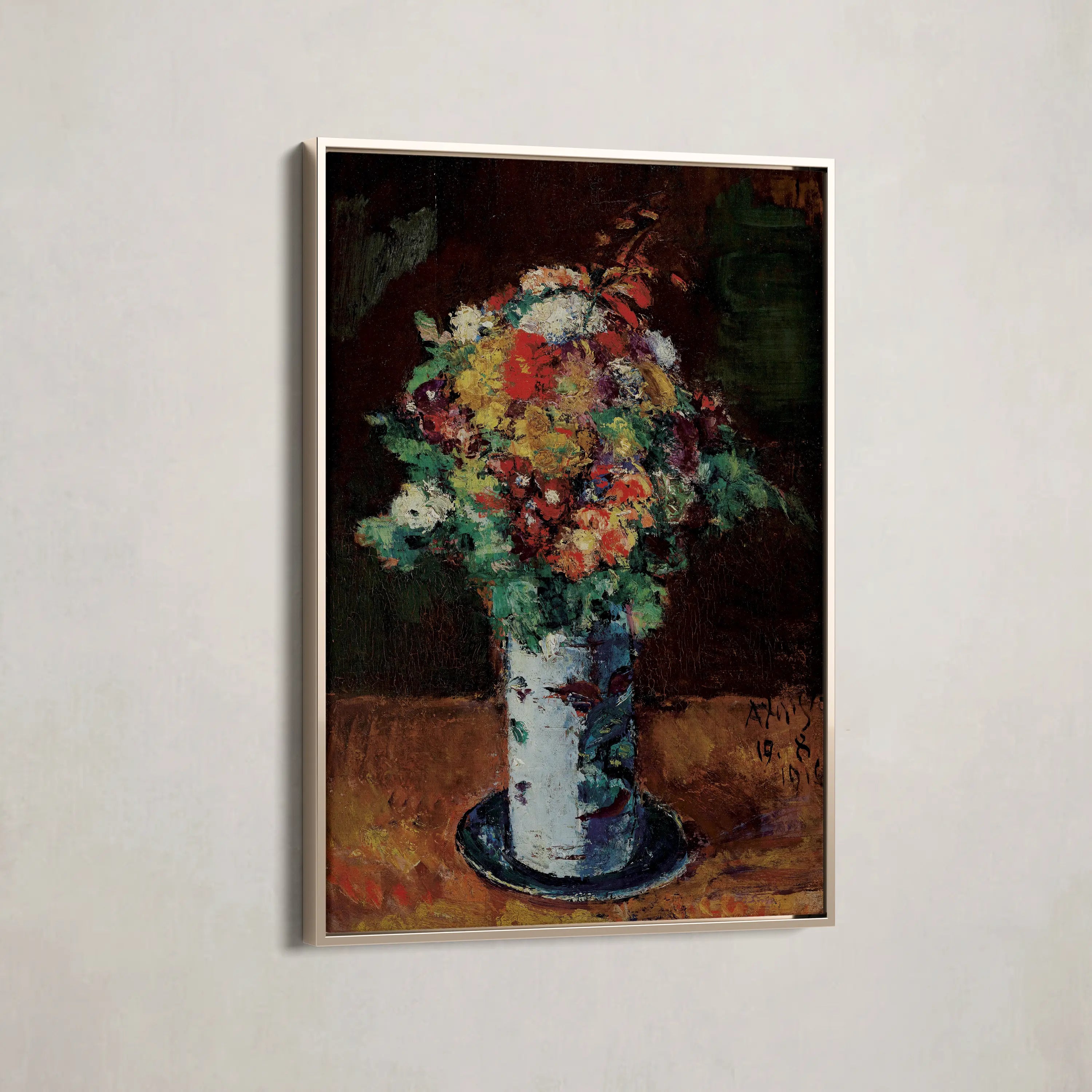 Blumenstrauß In Walzenkrug Auf Teller by Anton Faistauer