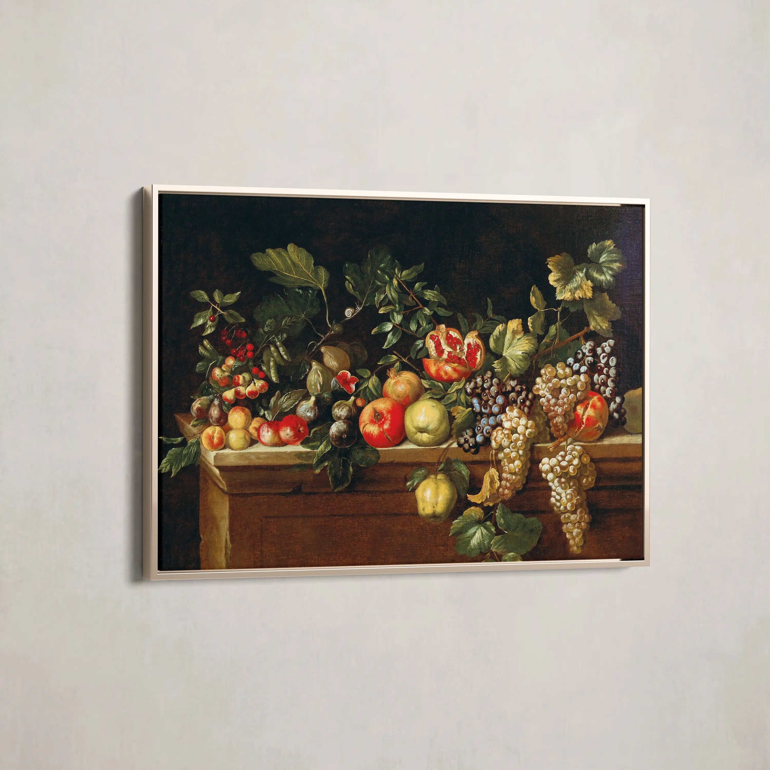 Apples, grapes, figs and pomegranates and other fruit on a ledge by Agostino Verrocchio