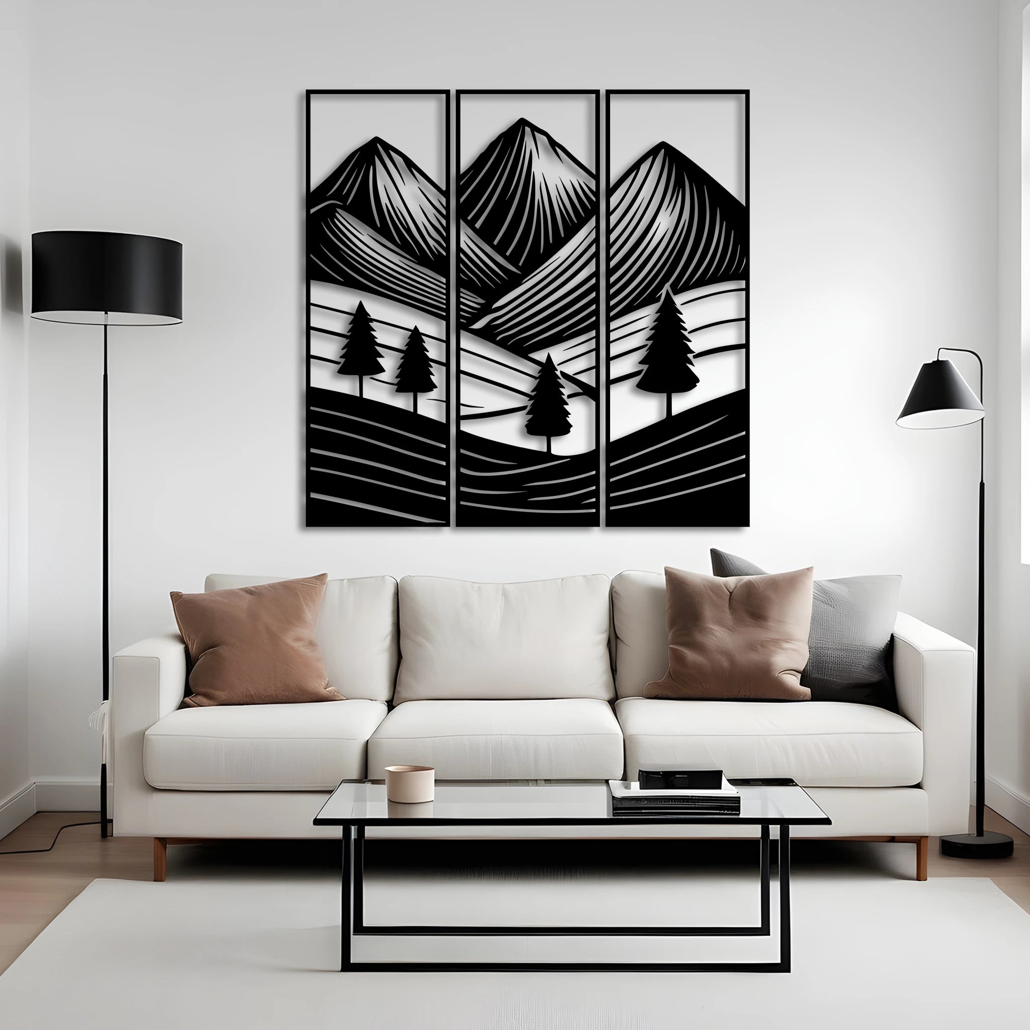 Minimalist Mountain Landscape Metal Wall Art Set 23 × 70 cm / Black