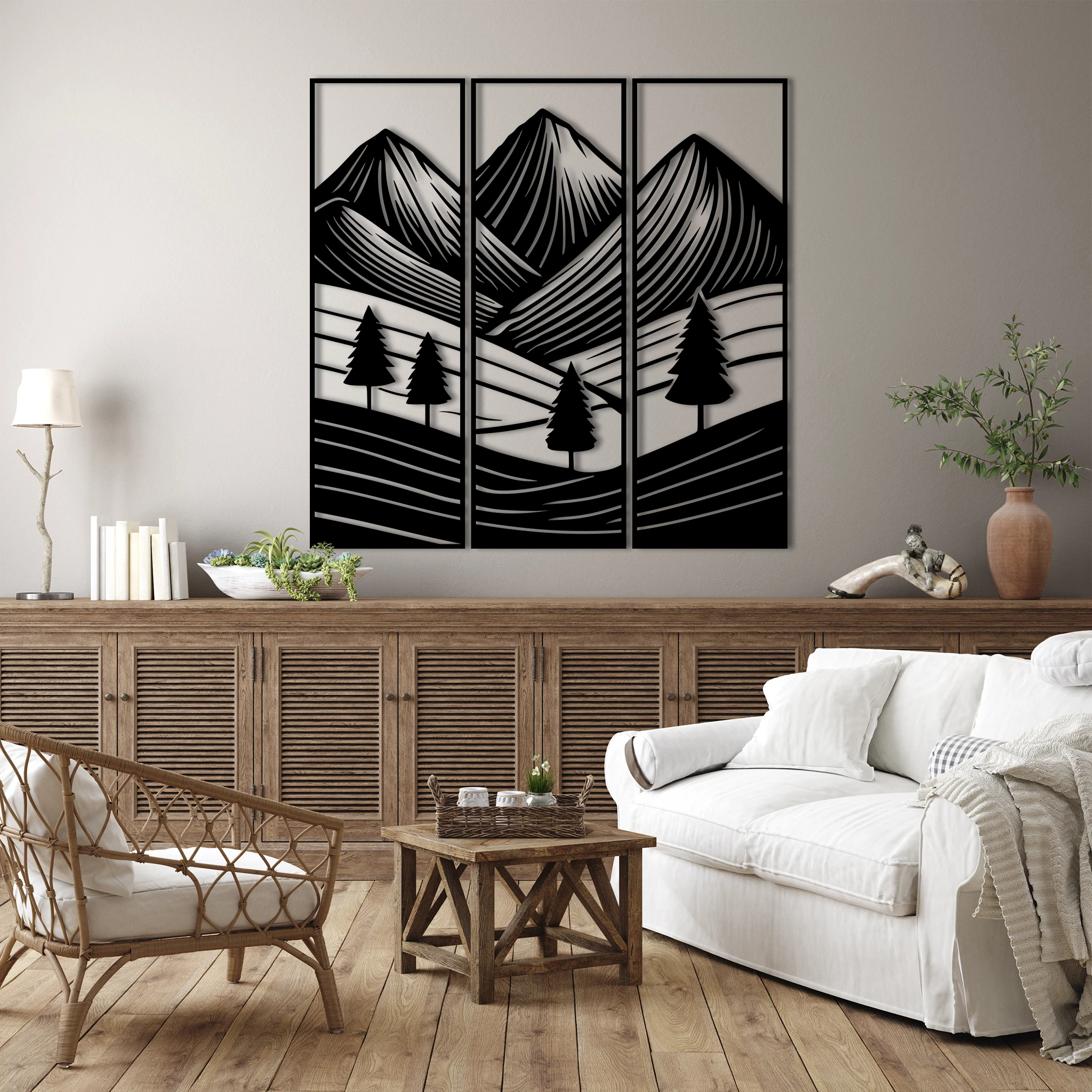Minimalist Mountain Landscape Metal Wall Art Set 23 × 70 cm / Black