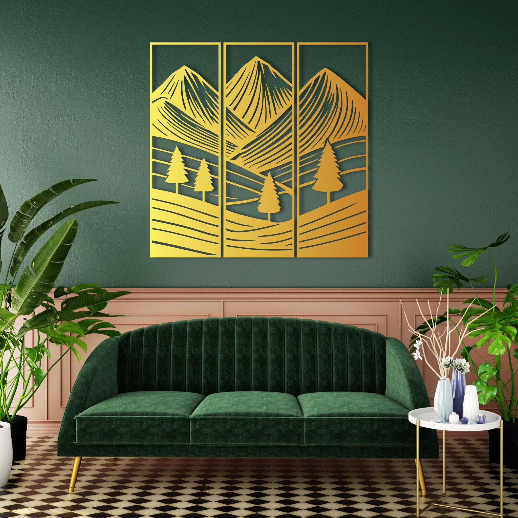 Minimalist Mountain Landscape Metal Wall Art Set 23 × 70 cm / Black
