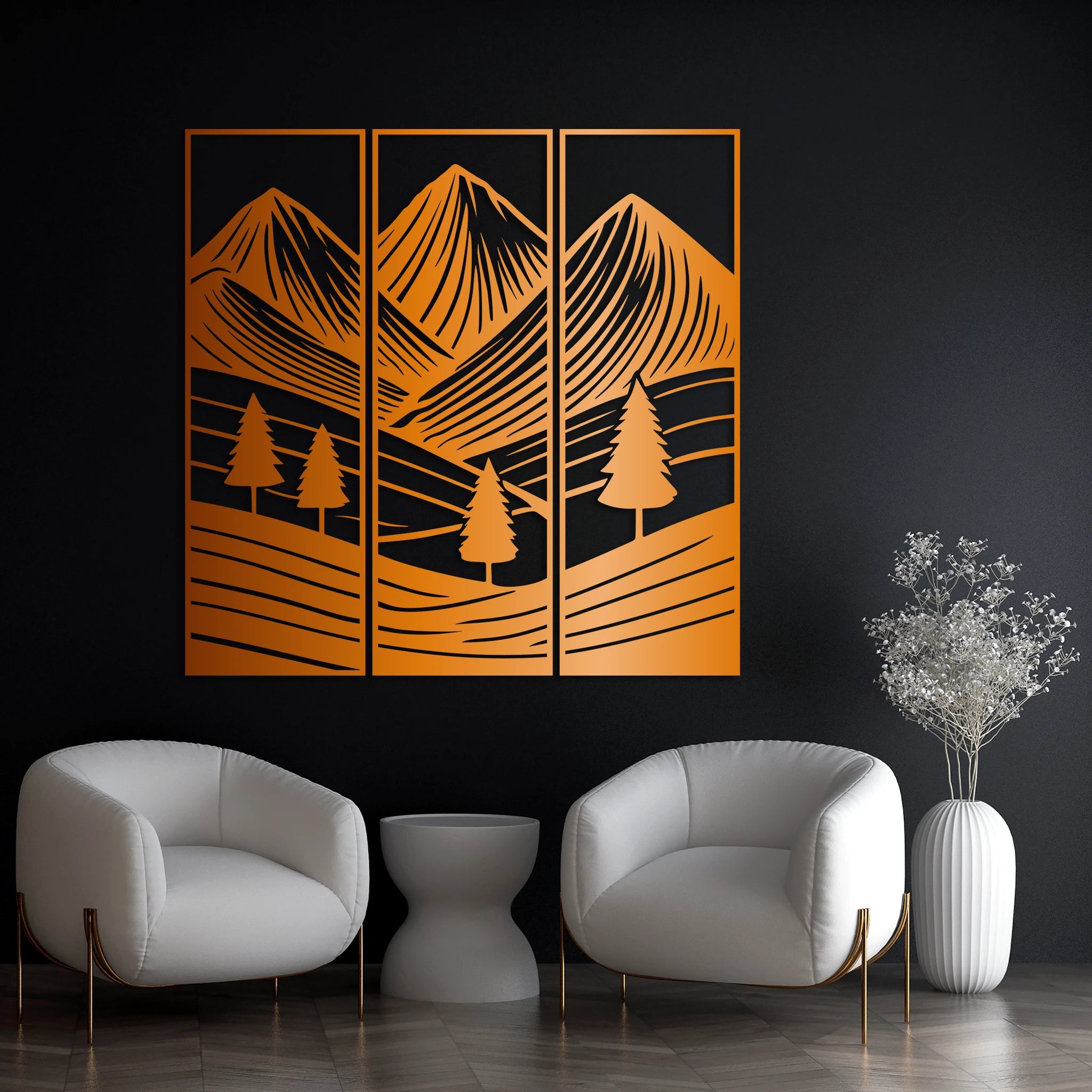 Minimalist Mountain Landscape Metal Wall Art Set 23 × 70 cm / Black