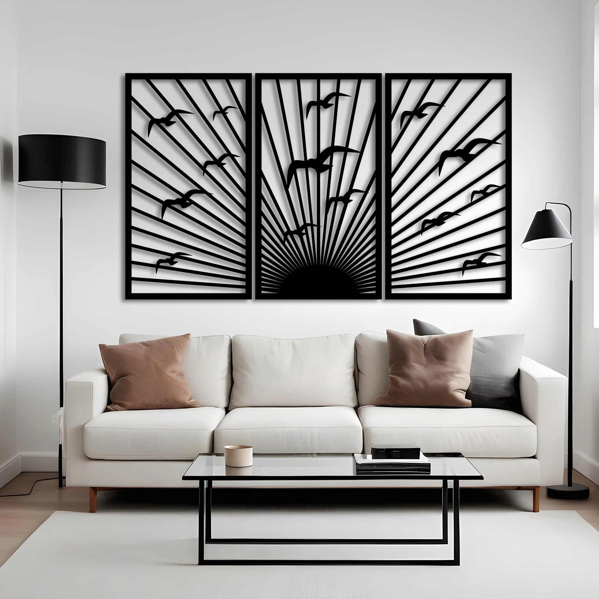 Elegant Sunrise Birds Metal Wall Art Set 39 × 69 cm / Black