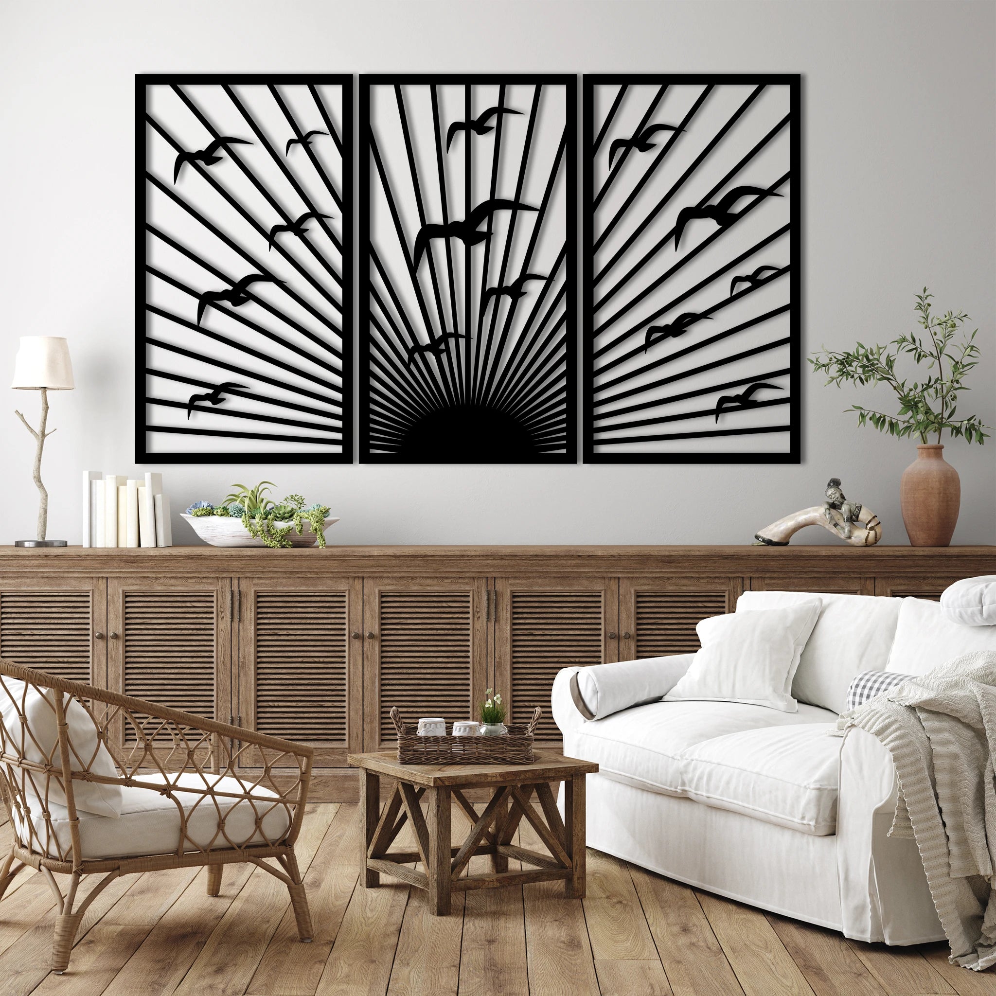 Elegant Sunrise Birds Metal Wall Art Set 39 × 69 cm / Black