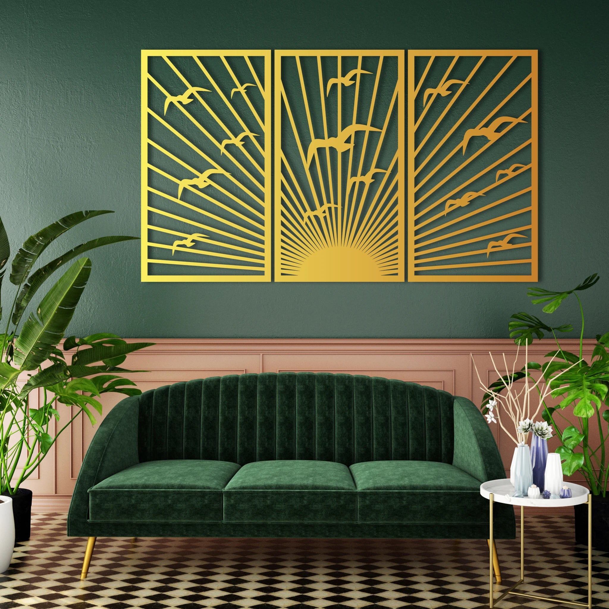 Elegant Sunrise Birds Metal Wall Art Set 39 × 69 cm / Black