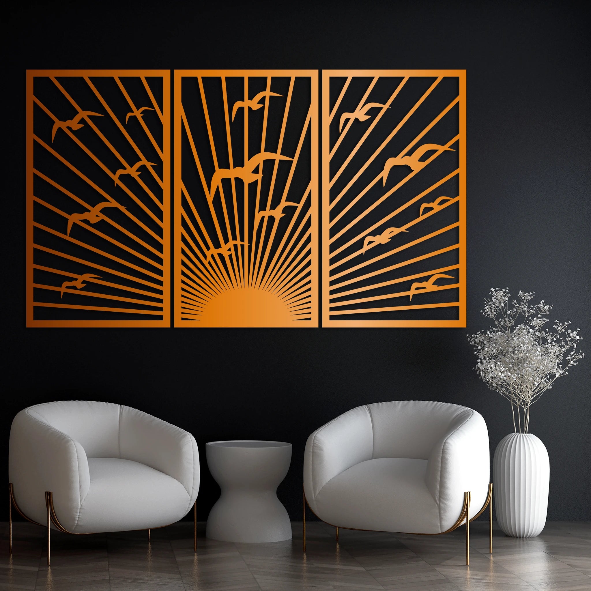 Elegant Sunrise Birds Metal Wall Art Set 39 × 69 cm / Black