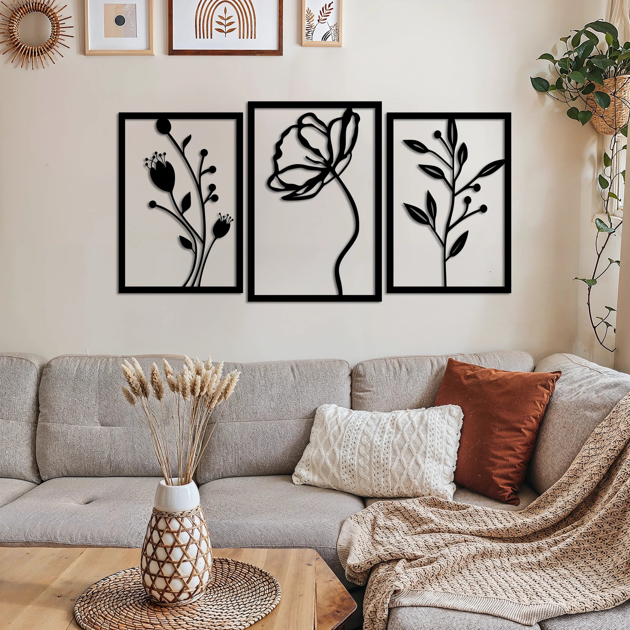 Graceful Floral Metal Wall Art Set 42 × 62 cm , 39 × 56 cm , 39 × 56 cm / Black