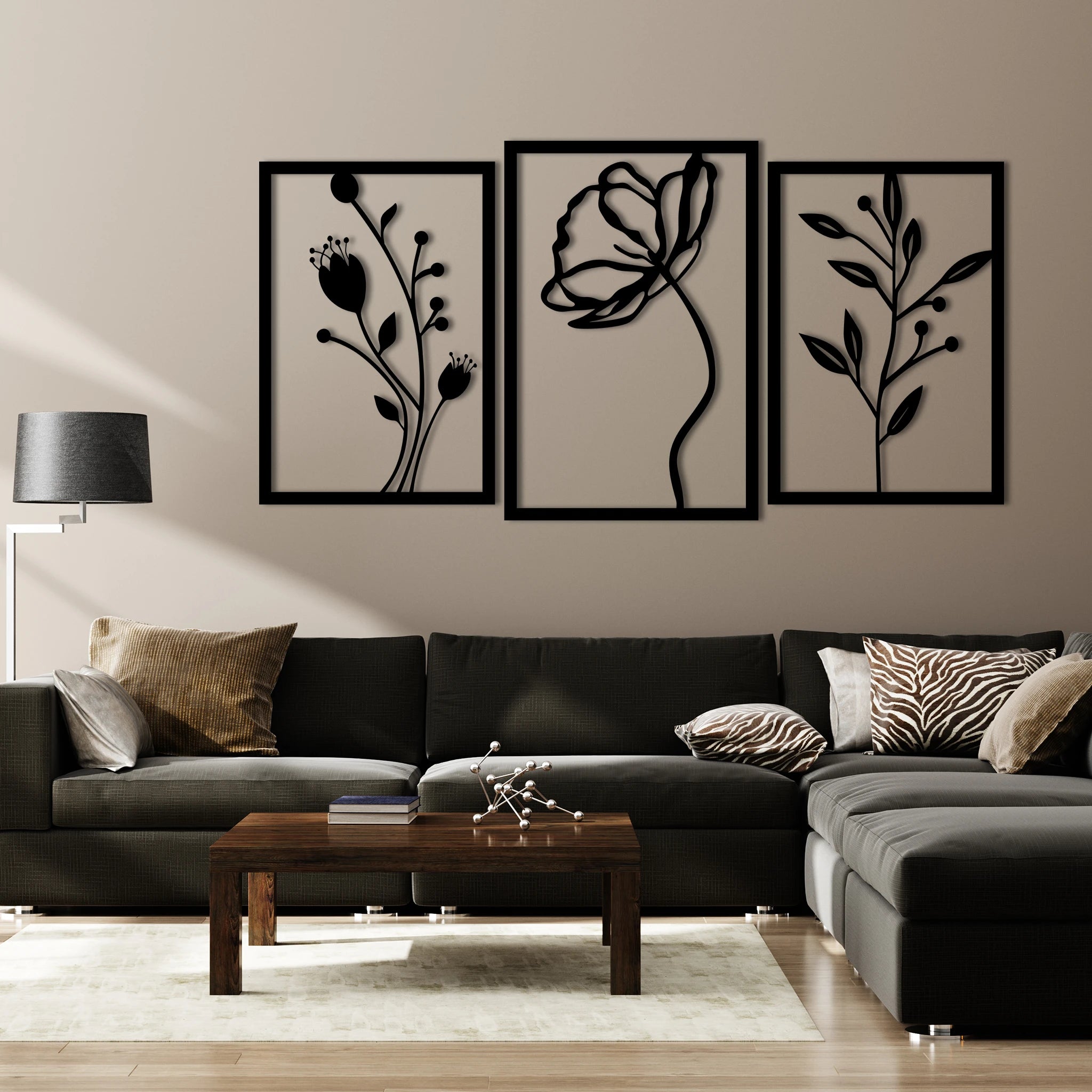 Graceful Floral Metal Wall Art Set 42 × 62 cm , 39 × 56 cm , 39 × 56 cm / Black