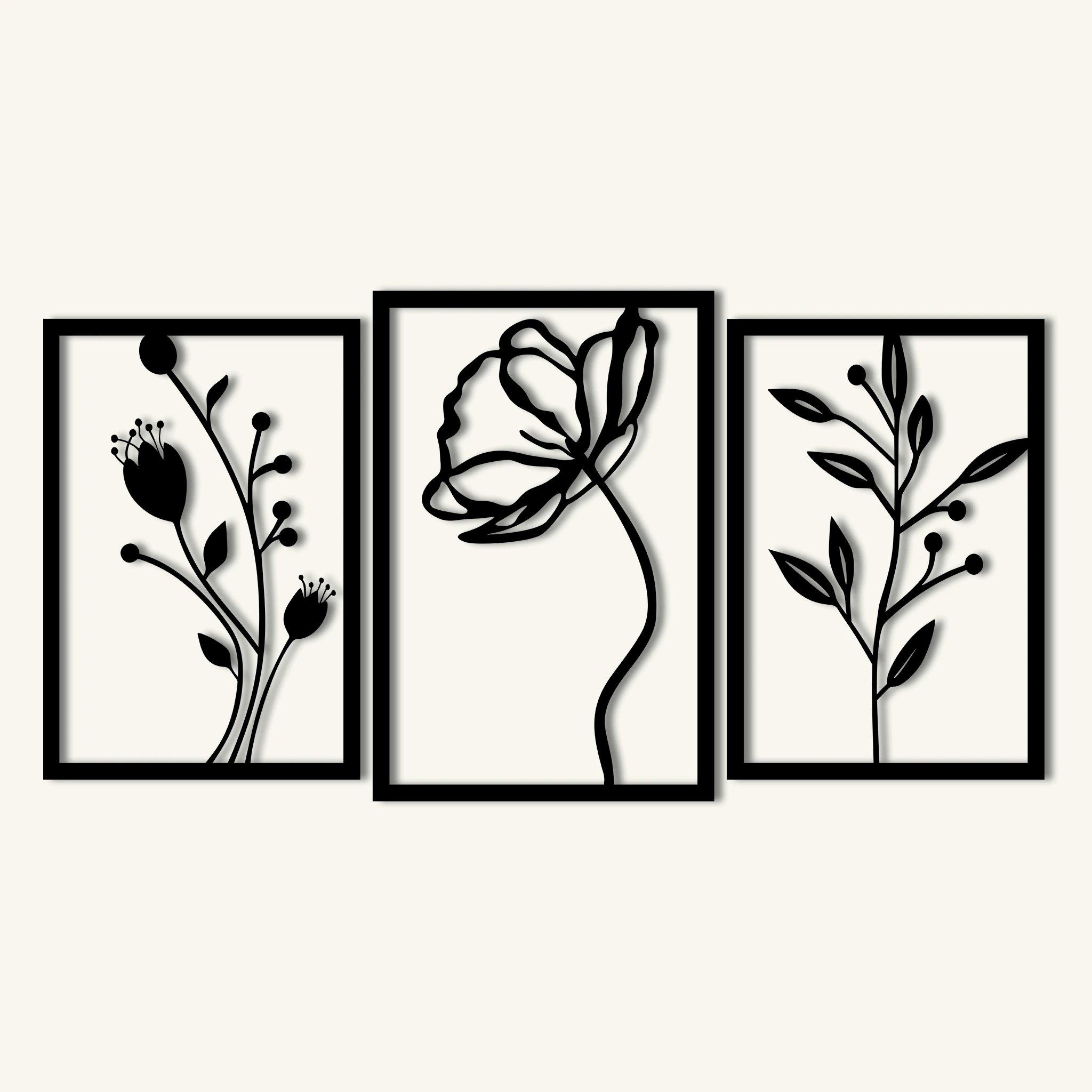 Graceful Floral Metal Wall Art Set 42 × 62 cm , 39 × 56 cm , 39 × 56 cm / Black