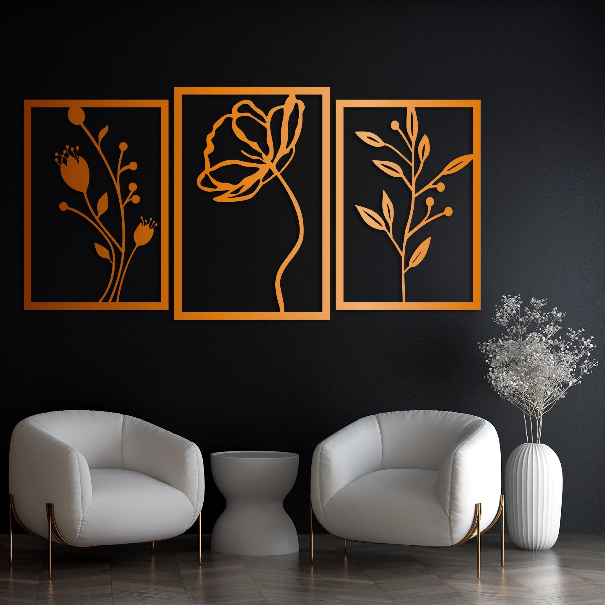 Graceful Floral Metal Wall Art Set 42 × 62 cm , 39 × 56 cm , 39 × 56 cm / Black