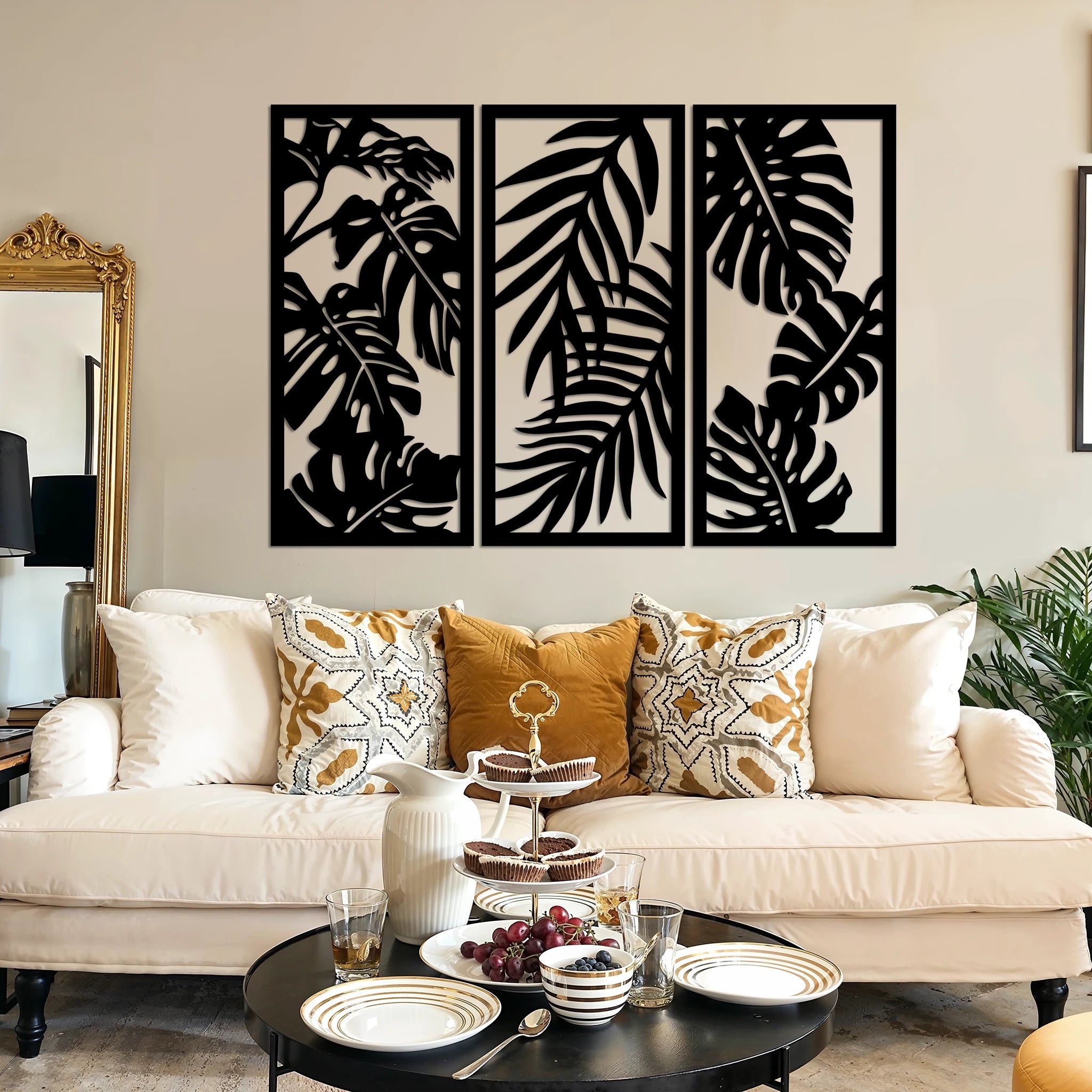 Lush Monstera Leaves Metal Wall Art Set 35 × 75 cm / Black