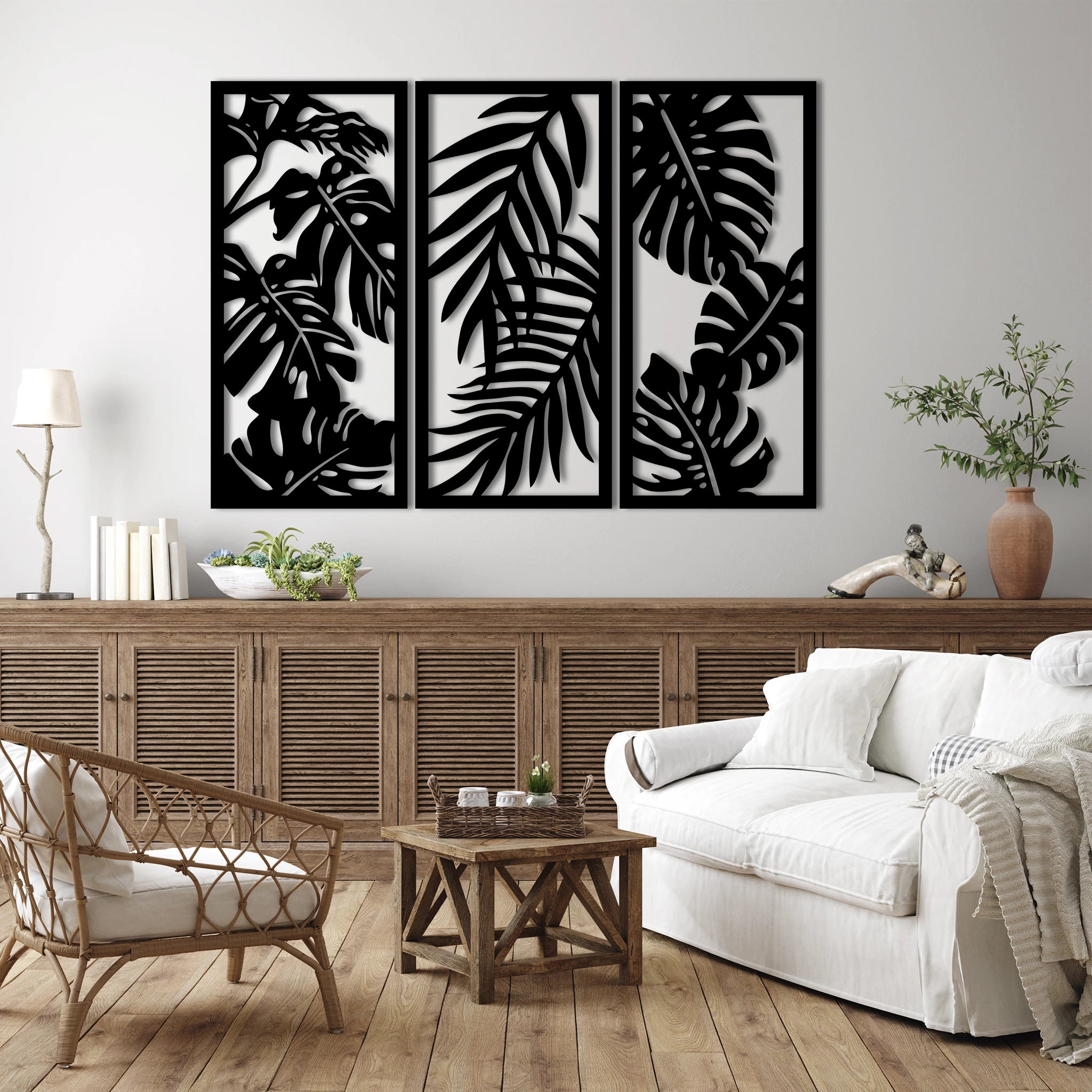 Lush Monstera Leaves Metal Wall Art Set 35 × 75 cm / Black