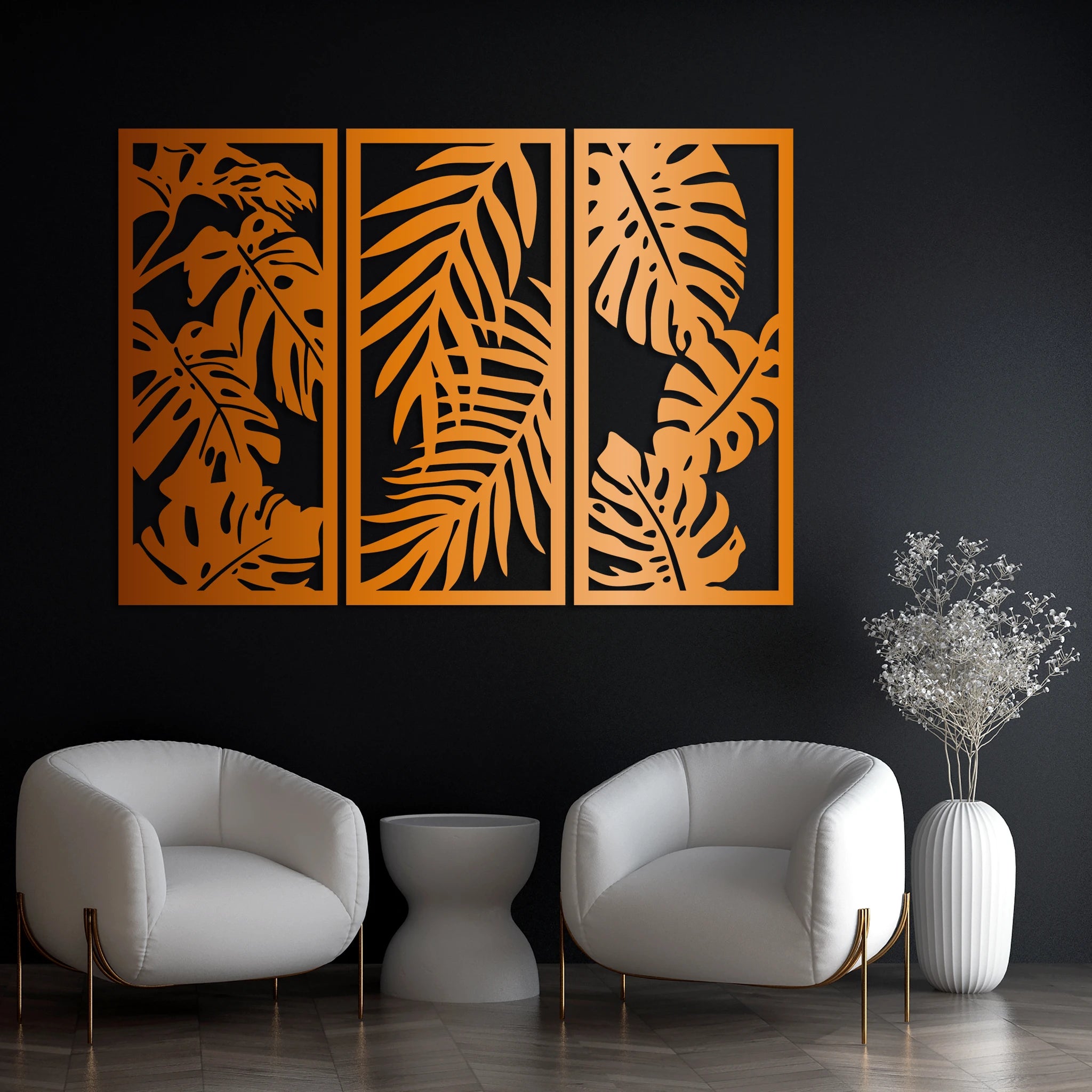 Lush Monstera Leaves Metal Wall Art Set 35 × 75 cm / Black