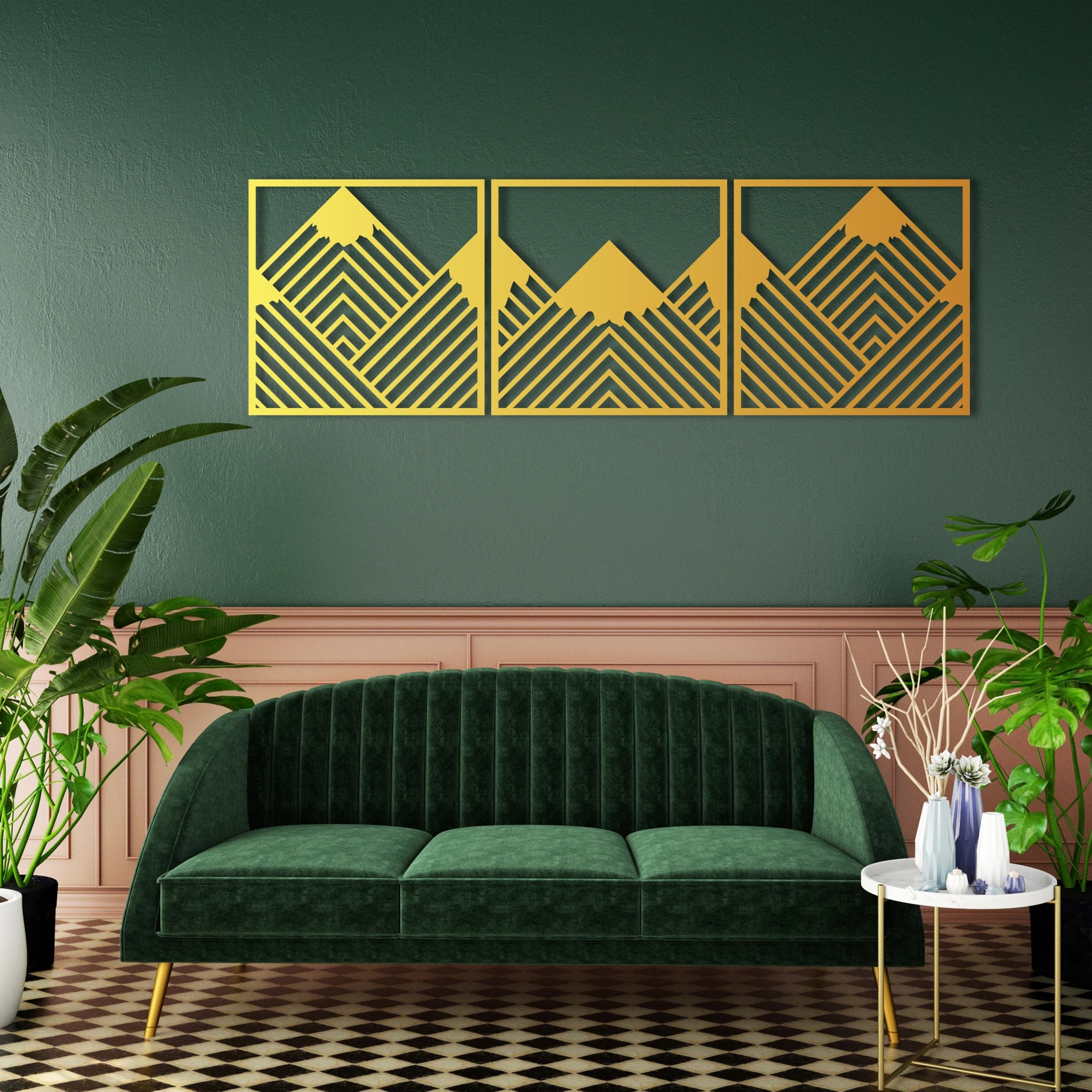 Bold Geometric Mountain Metal Wall Art Set 45 × 45 cm / Black