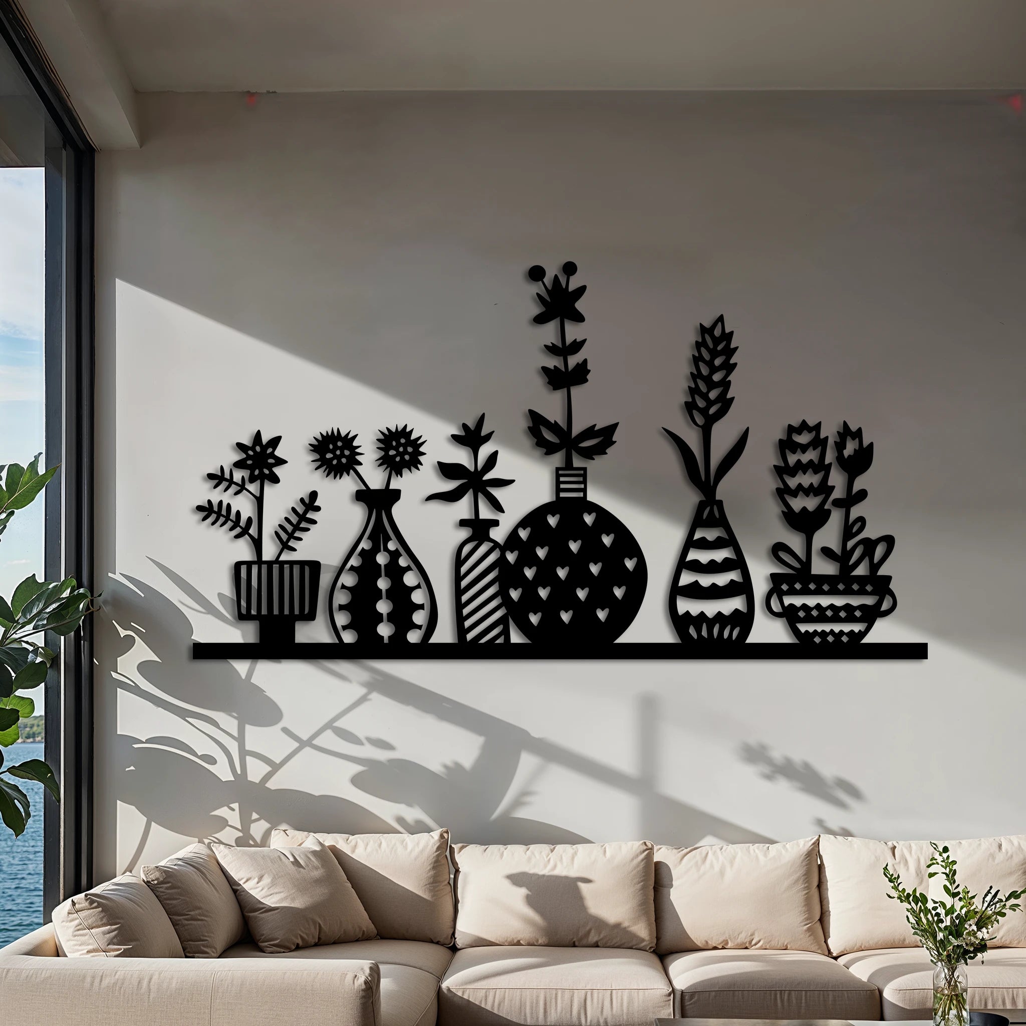 Modern Botanical Vases Metal Wall Art 70 × 38 cm / Black