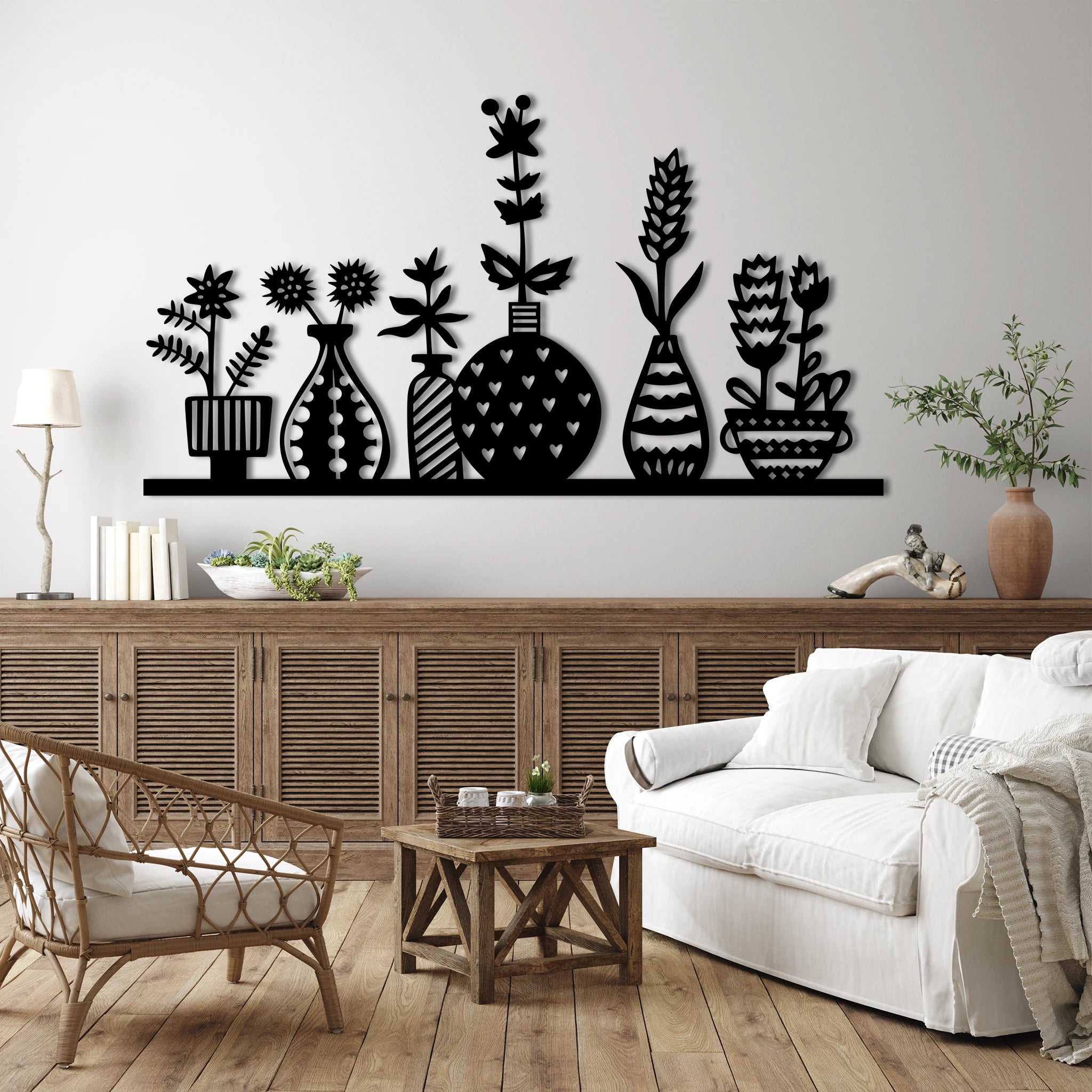 Modern Botanical Vases Metal Wall Art 70 × 38 cm / Black