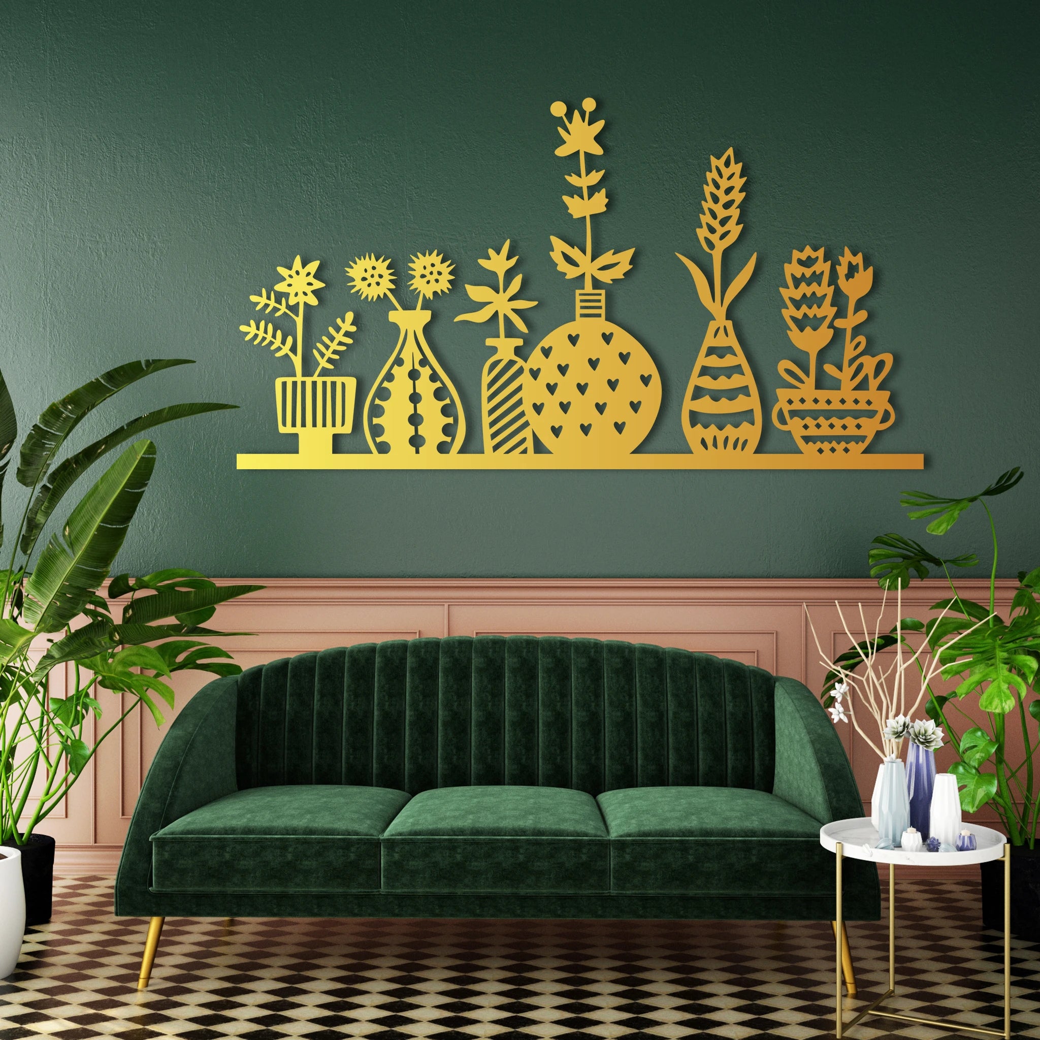 Modern Botanical Vases Metal Wall Art 70 × 38 cm / Black