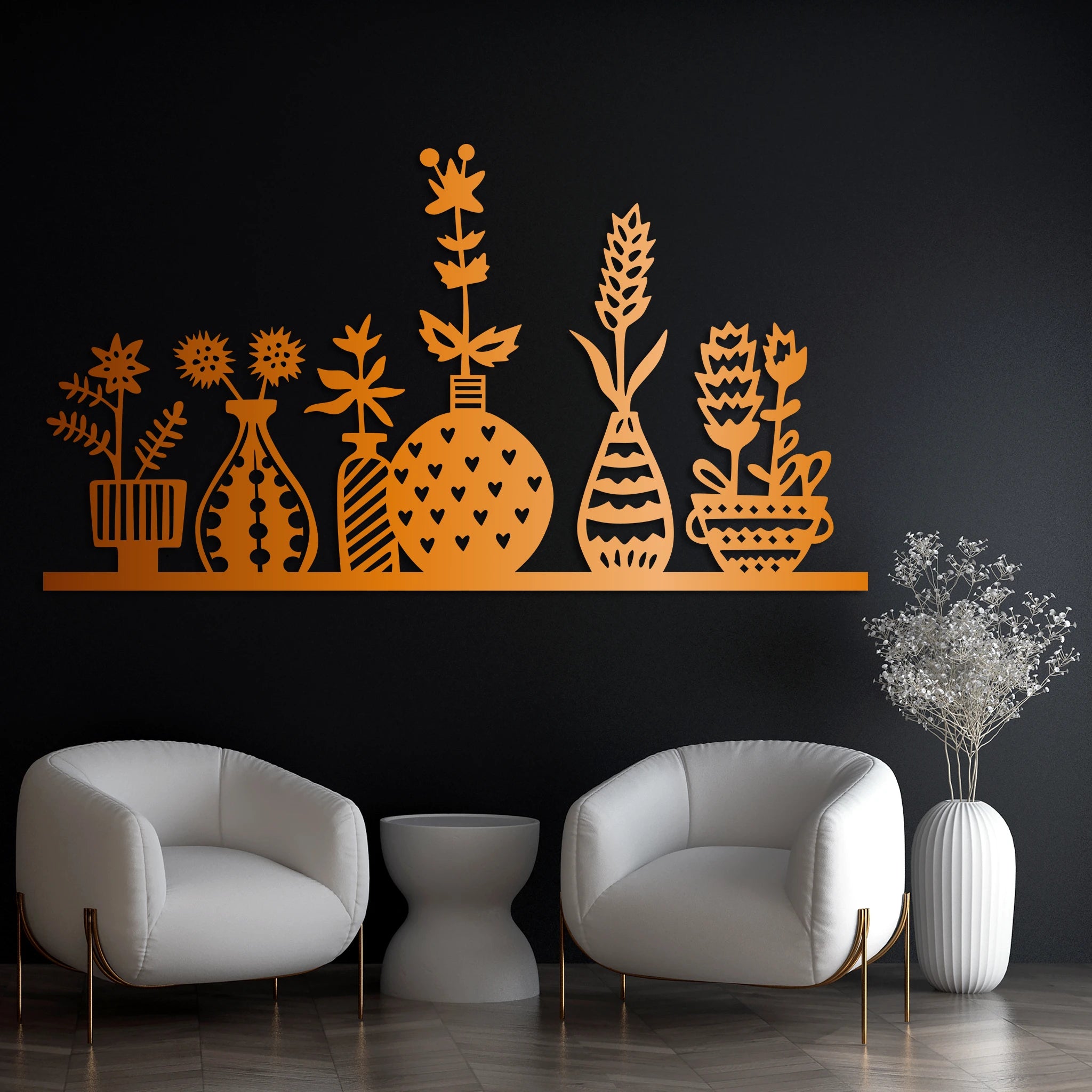 Modern Botanical Vases Metal Wall Art 70 × 38 cm / Black