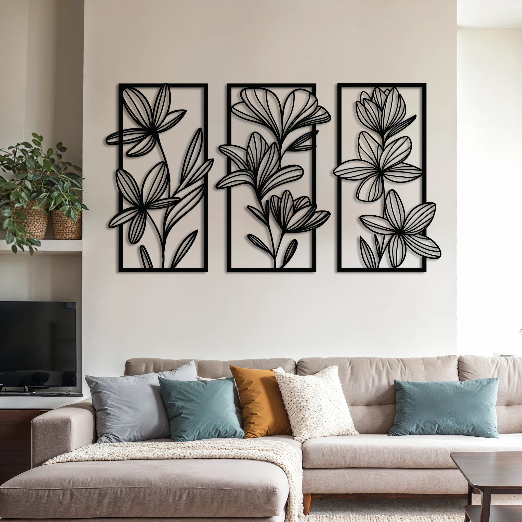 Stylish Floral Metal Wall Art Set 42 × 70 cm / Black