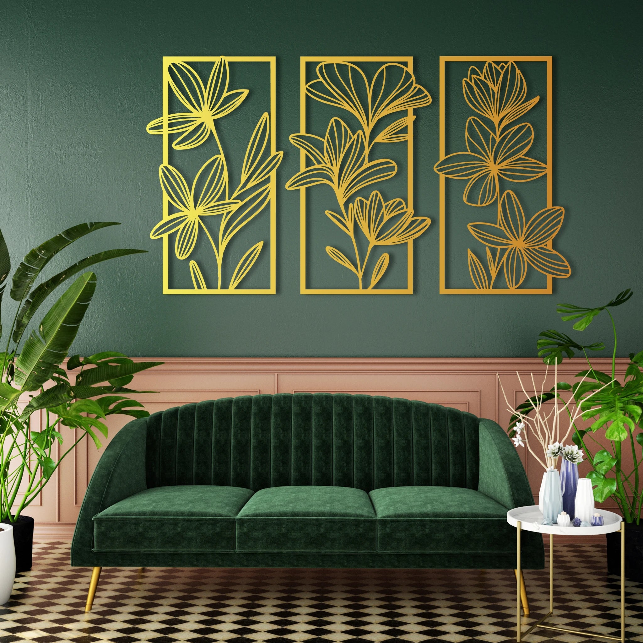 Stylish Floral Metal Wall Art Set 42 × 70 cm / Black