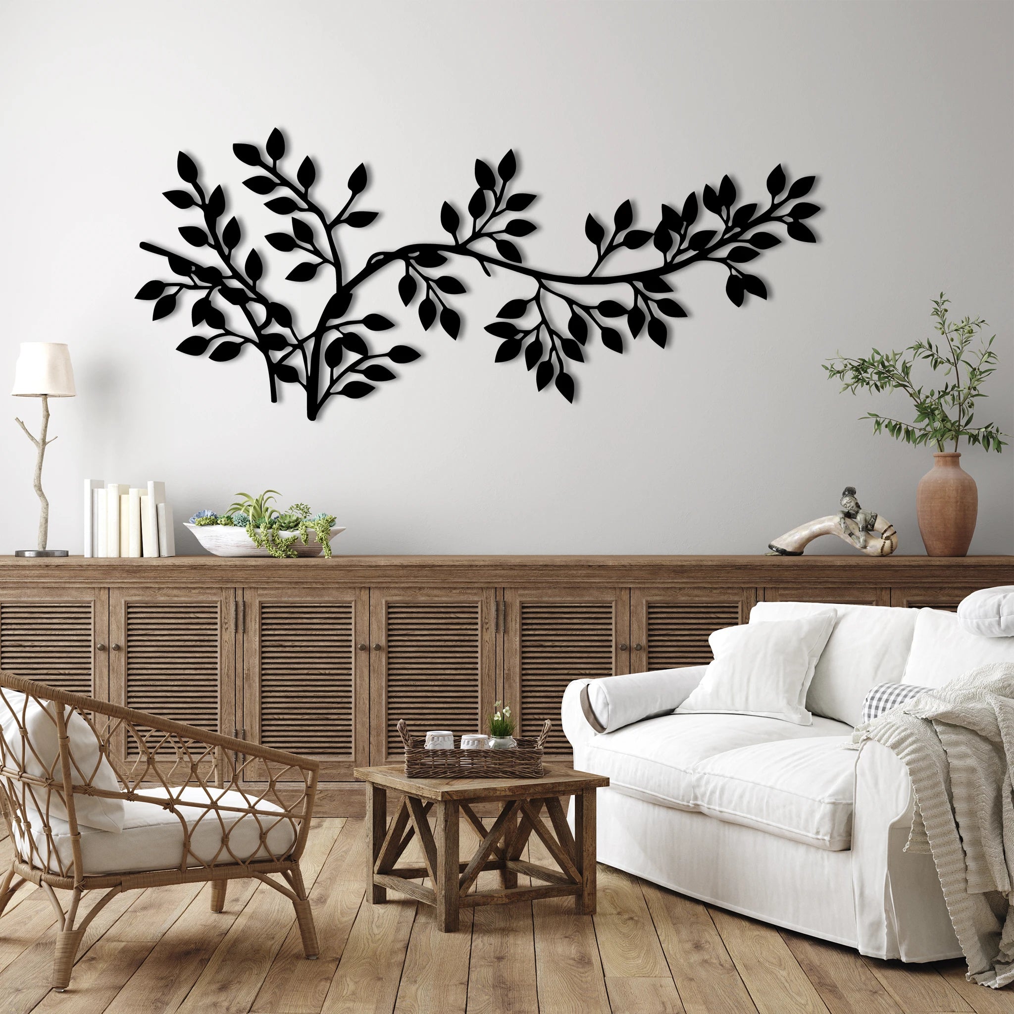 Timeless Branch Leaves Metal Wall Art 90 × 39 cm / Black