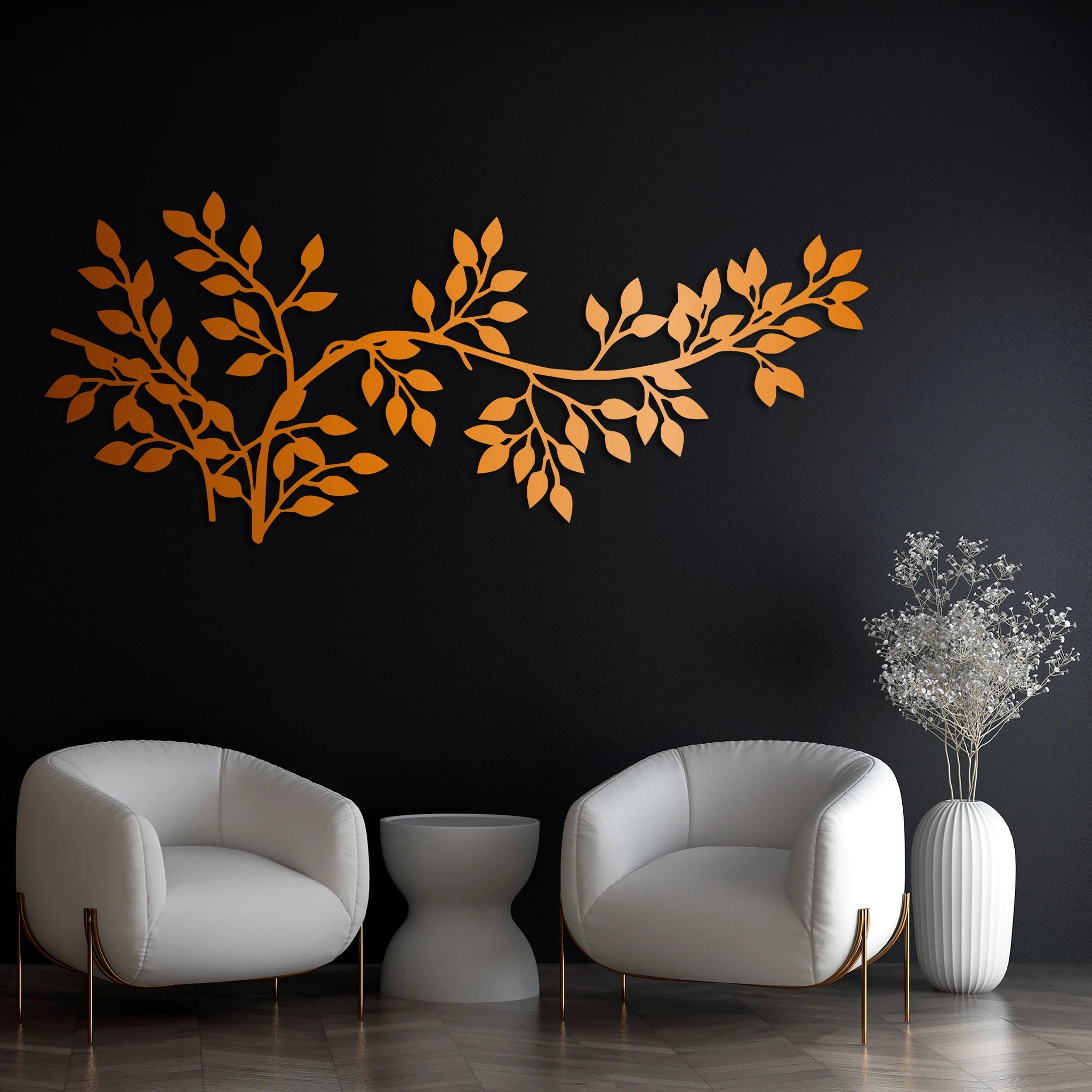 Timeless Branch Leaves Metal Wall Art 90 × 39 cm / Black