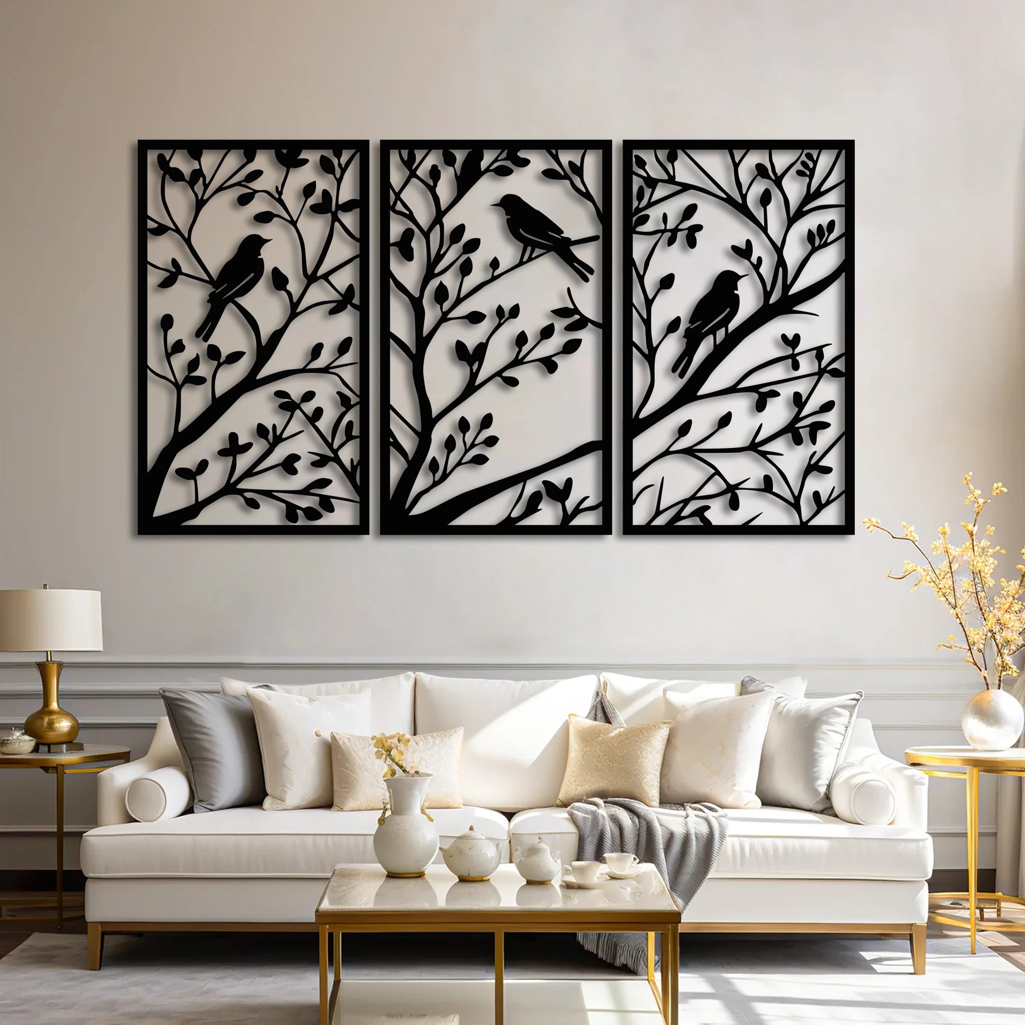 Classic Birds on Branch Metal Wall Art Set 41 × 70 cm / Black