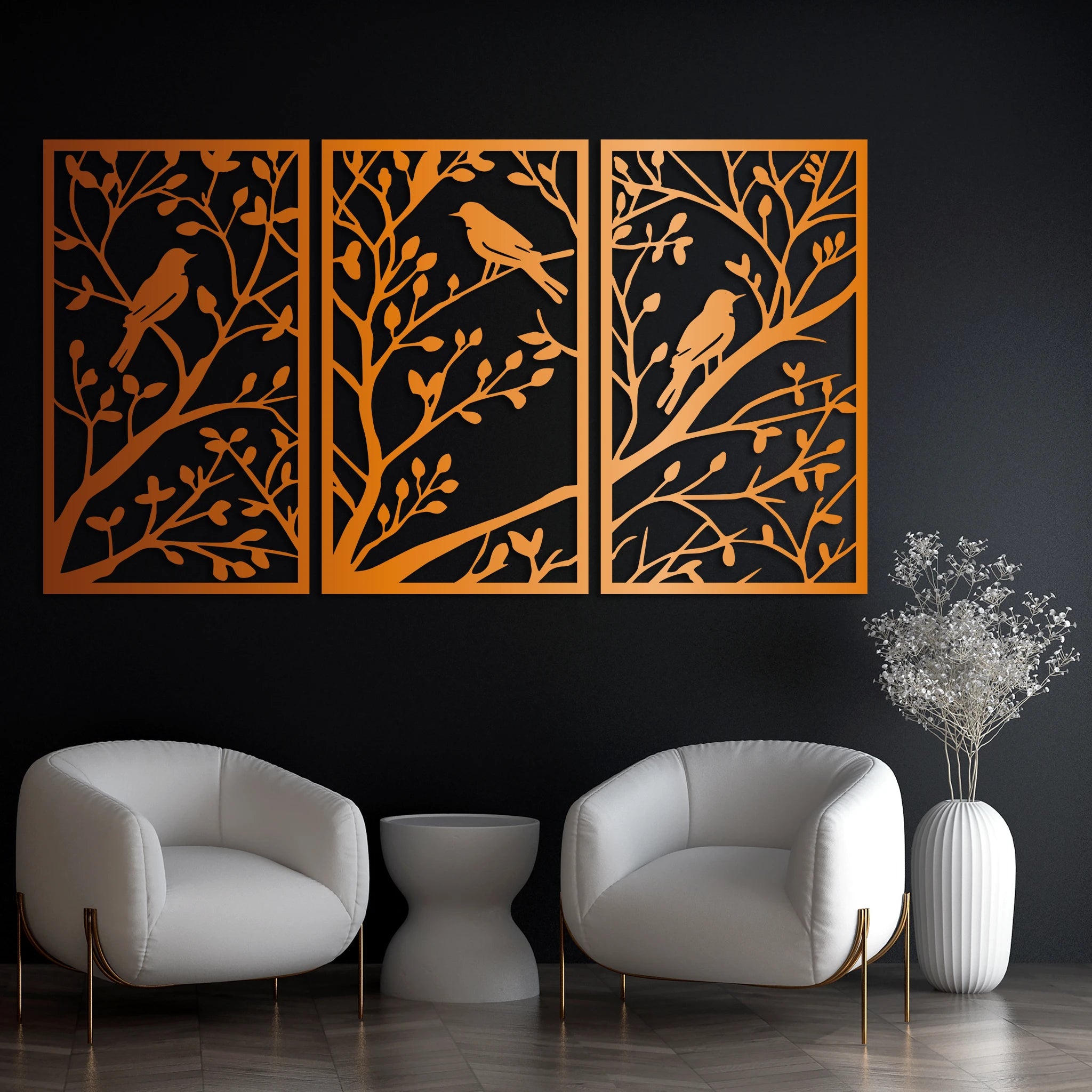 Classic Birds on Branch Metal Wall Art Set 41 × 70 cm / Black