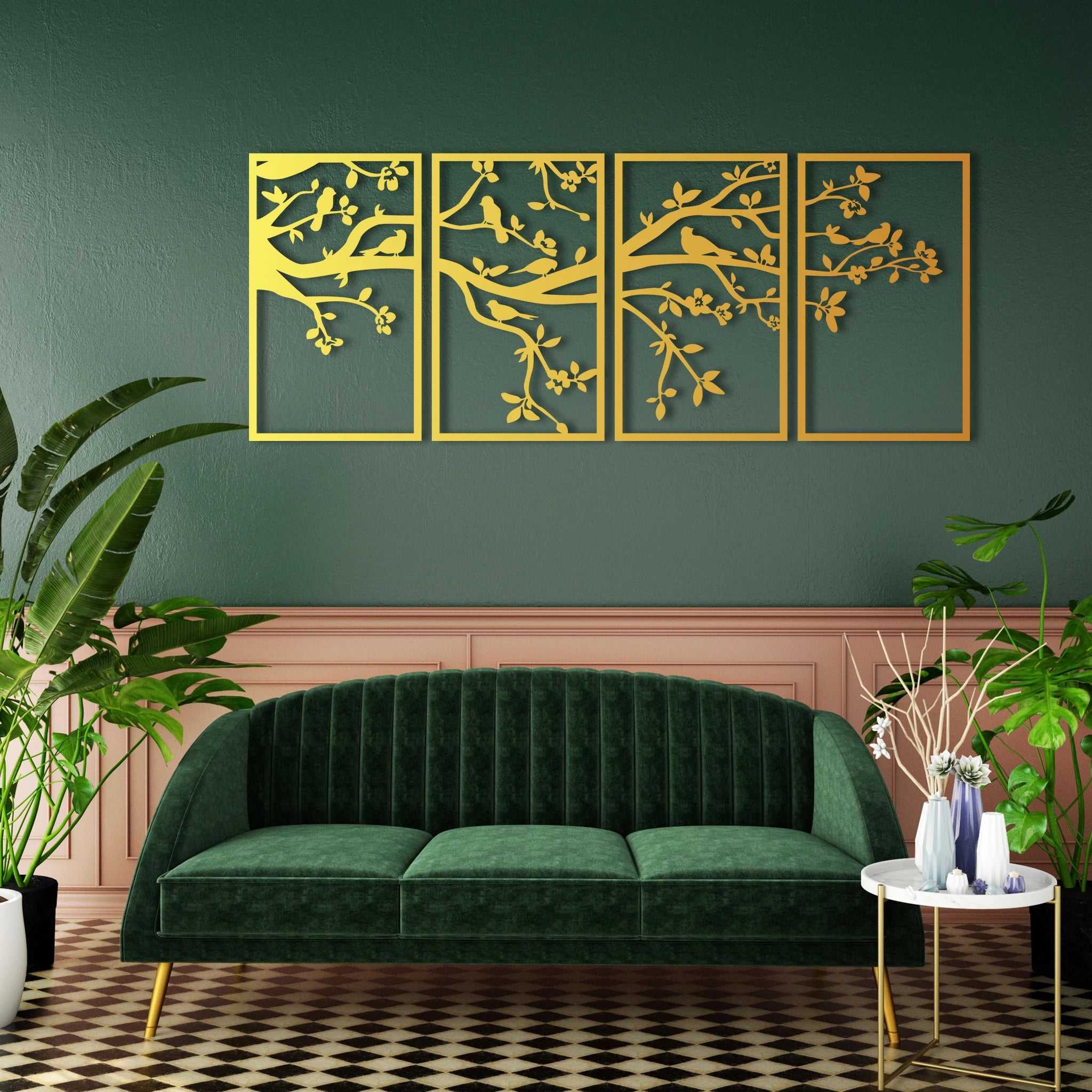 Elegant Birds on Branch Metal Wall Art Set 30 × 50 cm / Black