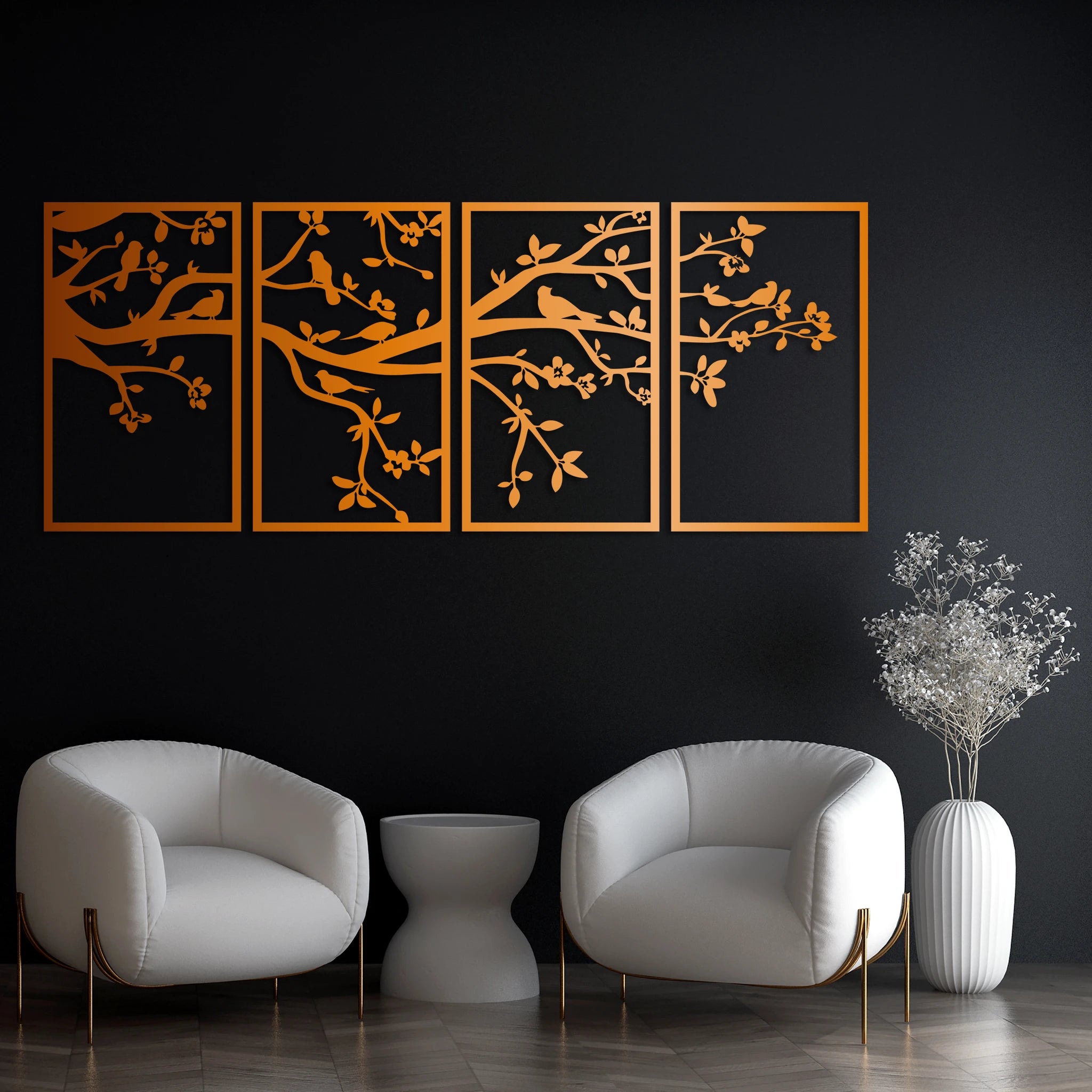 Elegant Birds on Branch Metal Wall Art Set 30 × 50 cm / Black