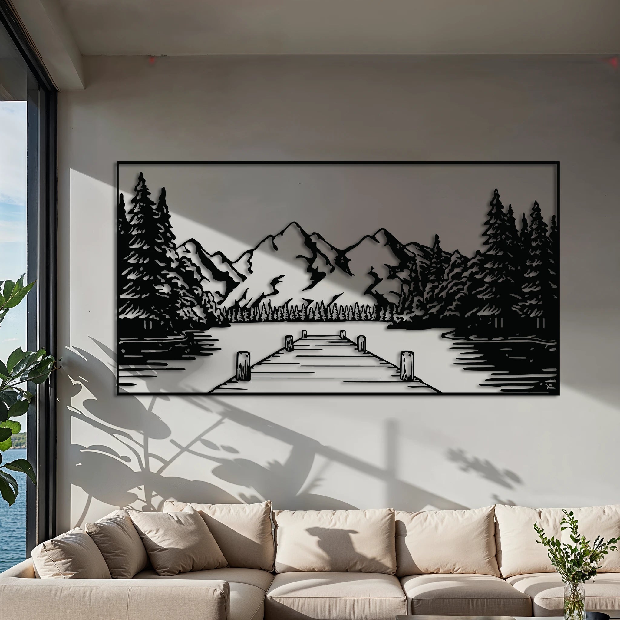 Classic Lakeside Mountain Metal Wall Art 75 × 40 cm / Black