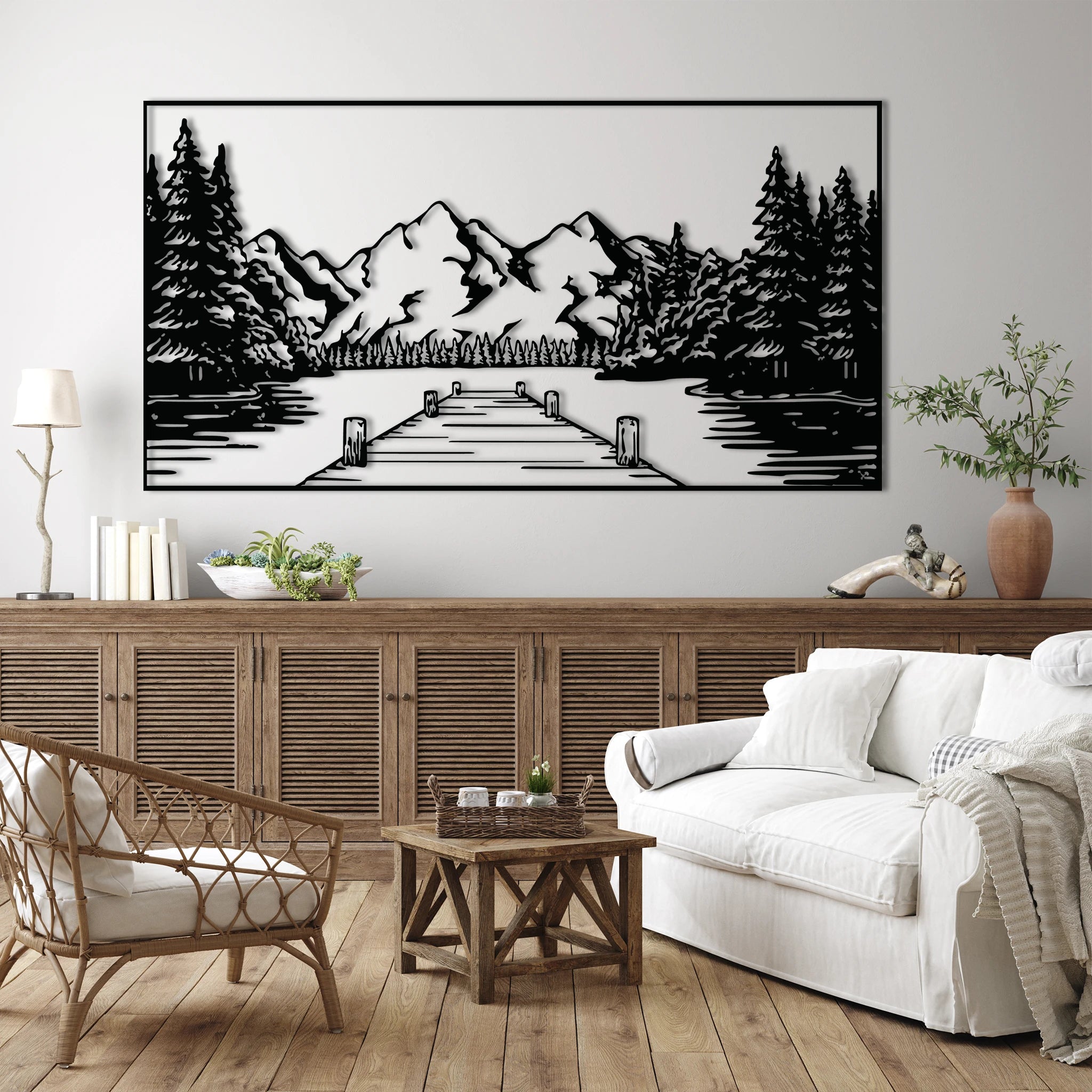 Classic Lakeside Mountain Metal Wall Art 75 × 40 cm / Black