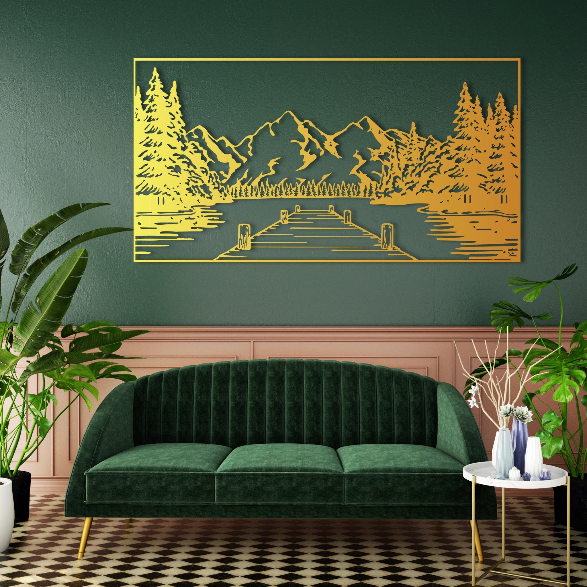 Classic Lakeside Mountain Metal Wall Art 75 × 40 cm / Black