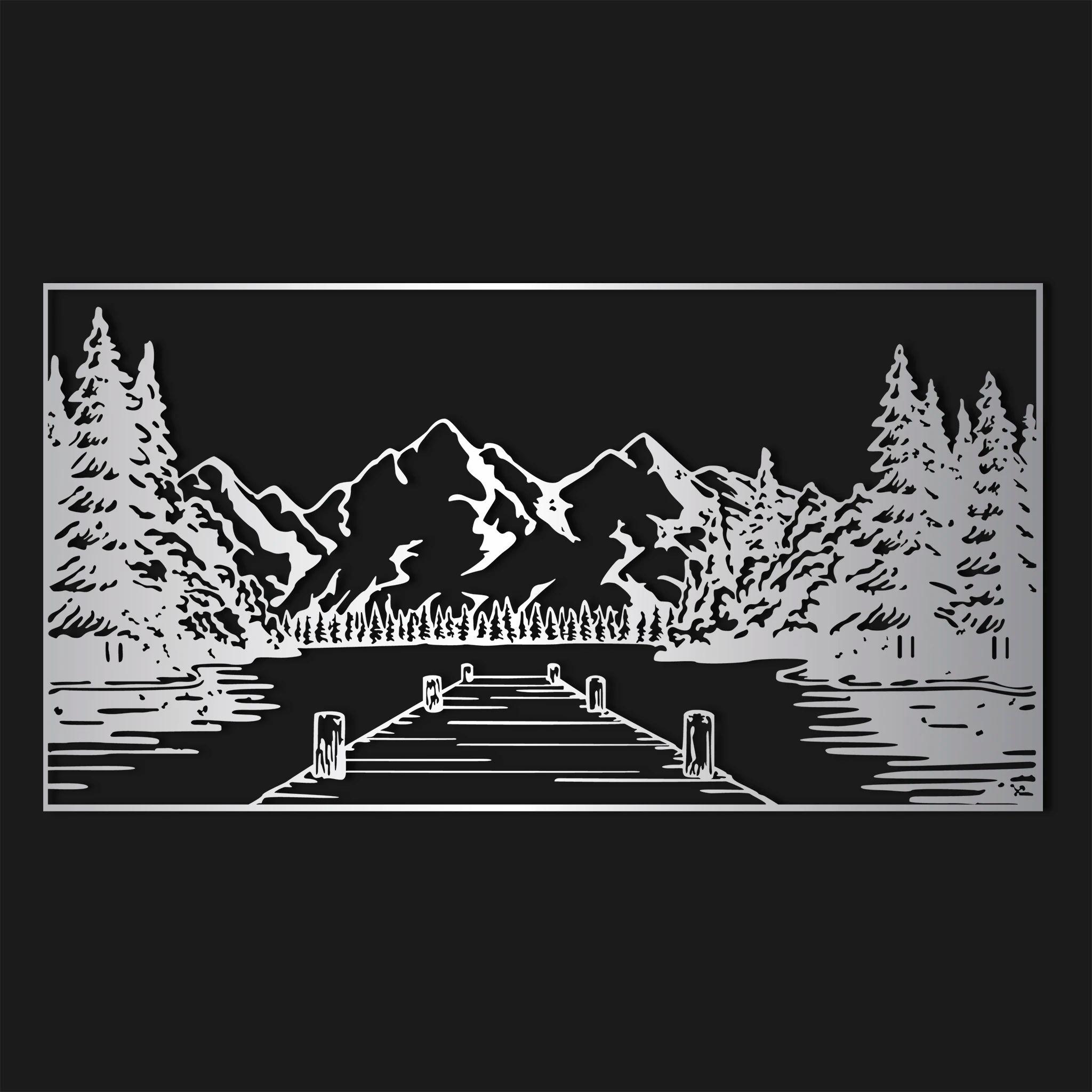 Classic Lakeside Mountain Metal Wall Art 75 × 40 cm / Black