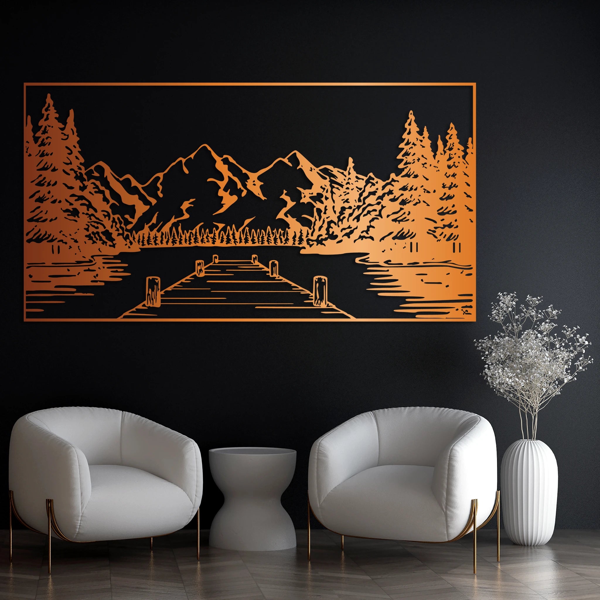 Classic Lakeside Mountain Metal Wall Art 75 × 40 cm / Black