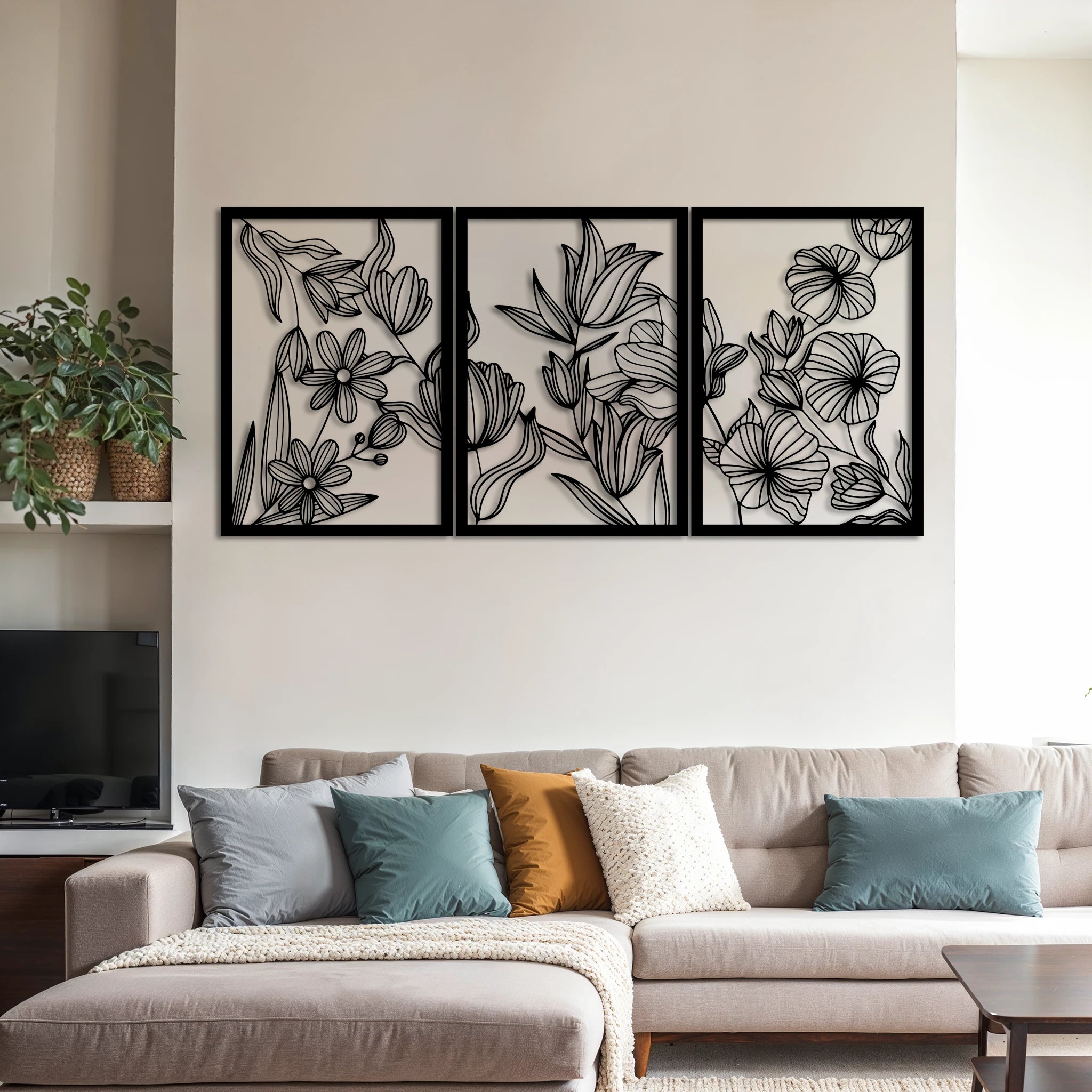 Modern Floral Metal Wall Art Set 48 × 68 cm / Black