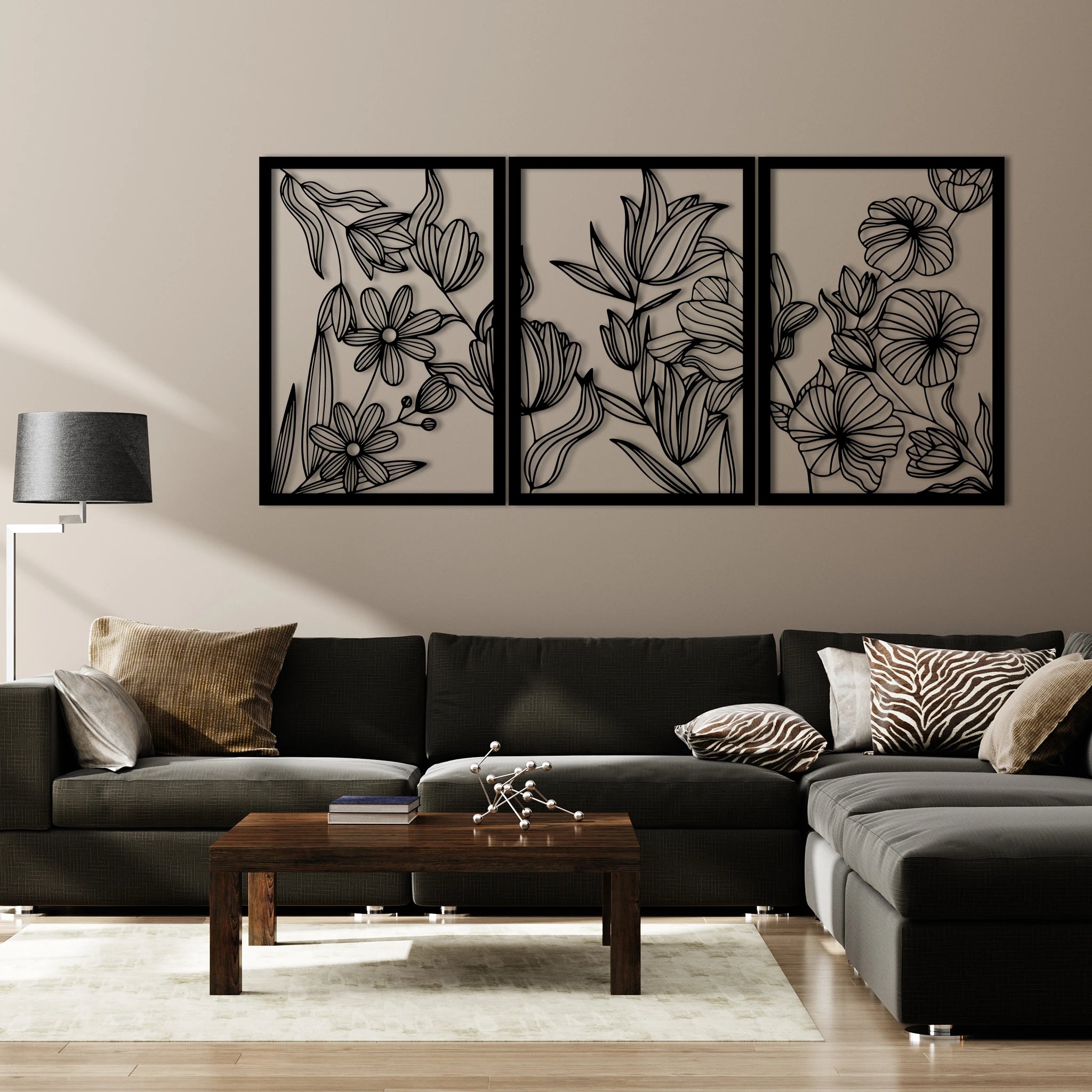 Modern Floral Metal Wall Art Set 48 × 68 cm / Black