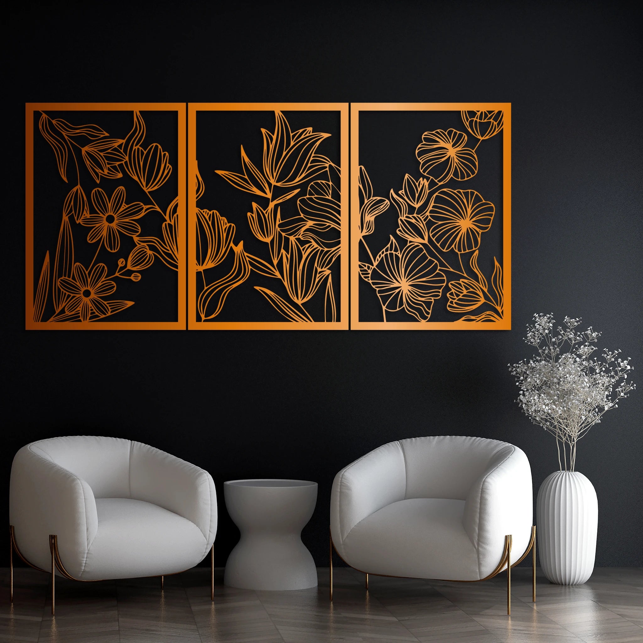 Modern Floral Metal Wall Art Set 48 × 68 cm / Black