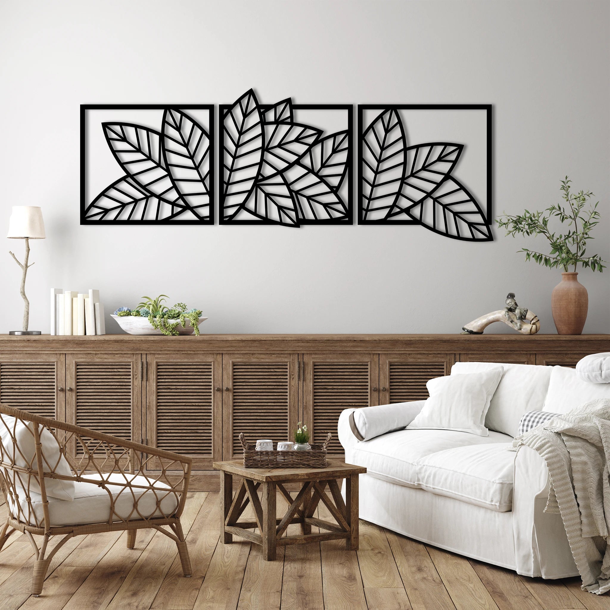 Minimalist Leaf Trio Metal Wall Art Set 57 × 51 cm / Black
