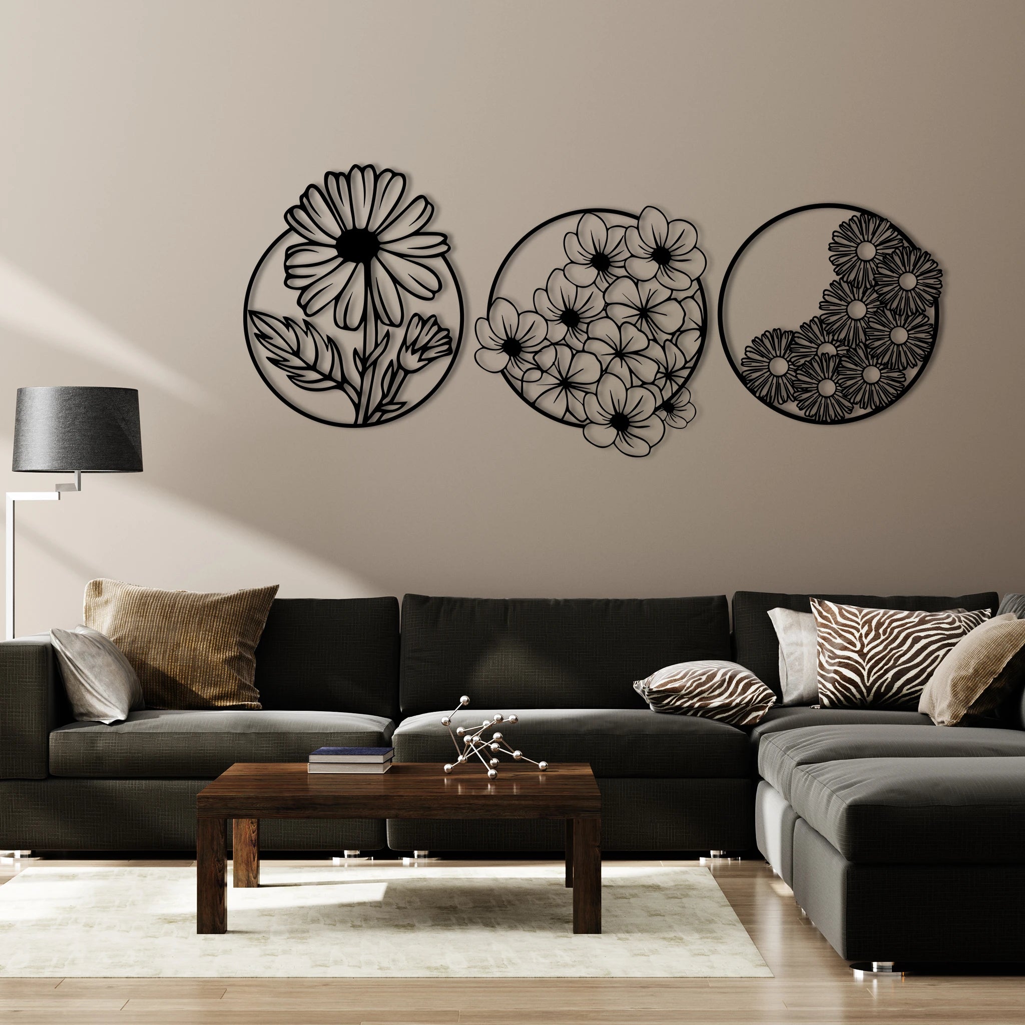 Whimsical Floral Circle Metal Wall Art Set 40 × 40 cm / Black