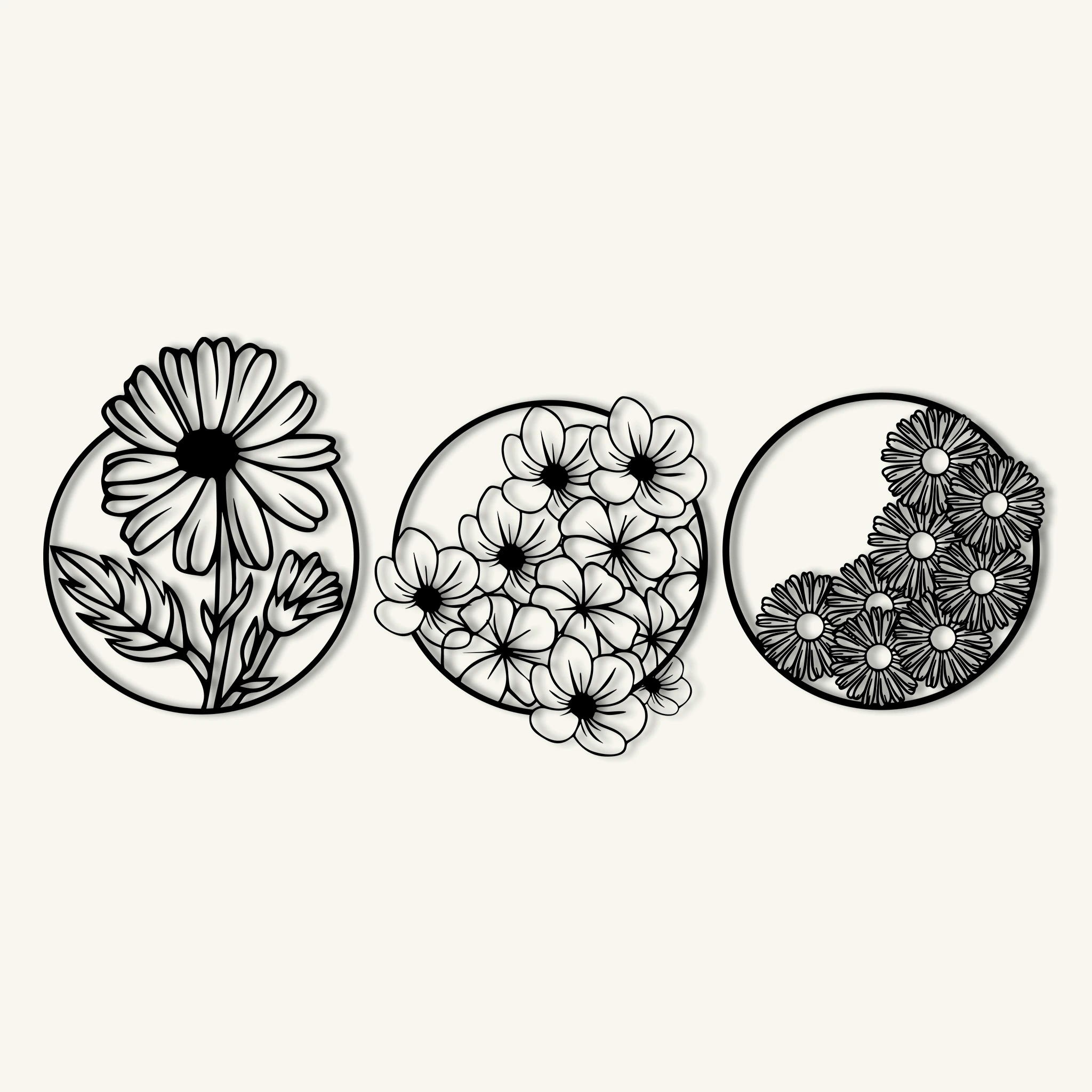 Whimsical Floral Circle Metal Wall Art Set 40 × 40 cm / Black