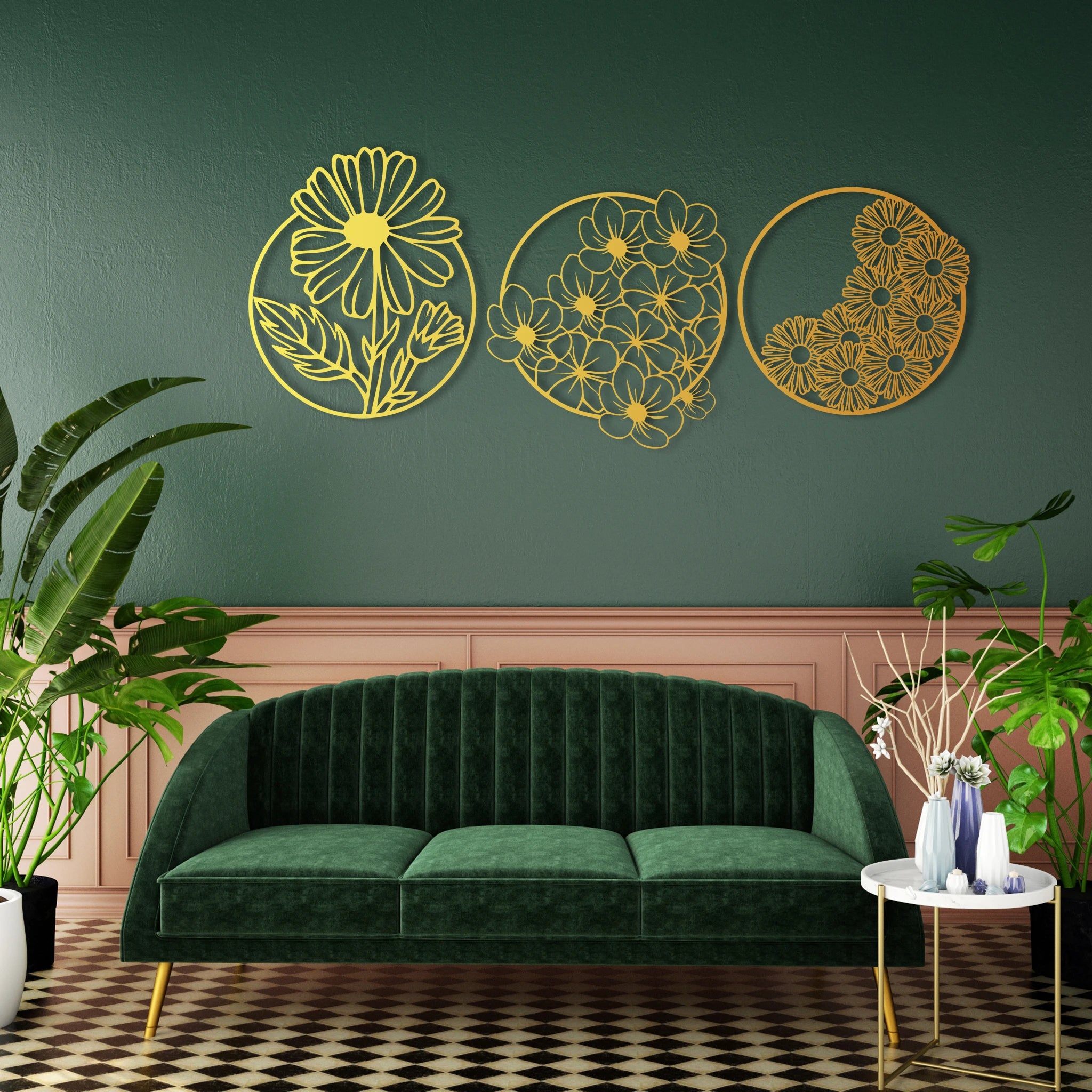 Whimsical Floral Circle Metal Wall Art Set 40 × 40 cm / Black