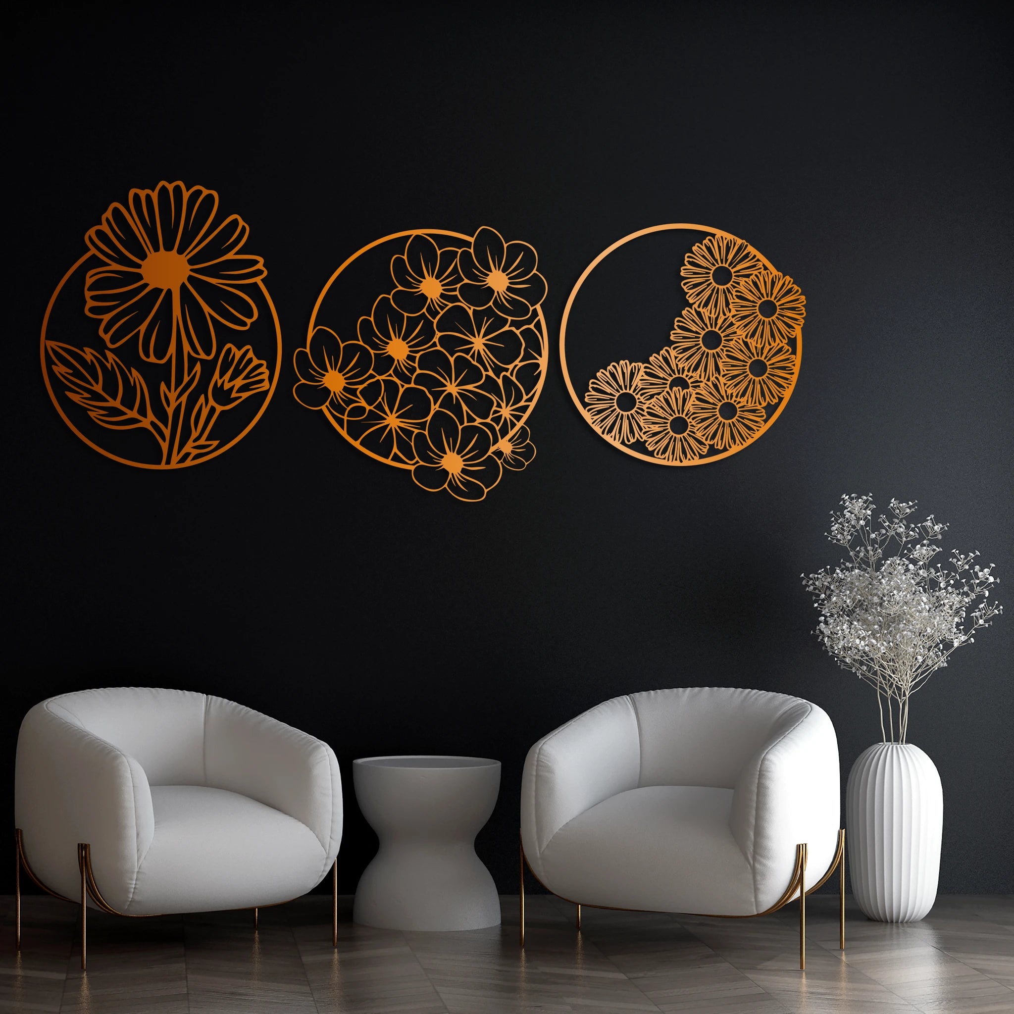 Whimsical Floral Circle Metal Wall Art Set 40 × 40 cm / Black
