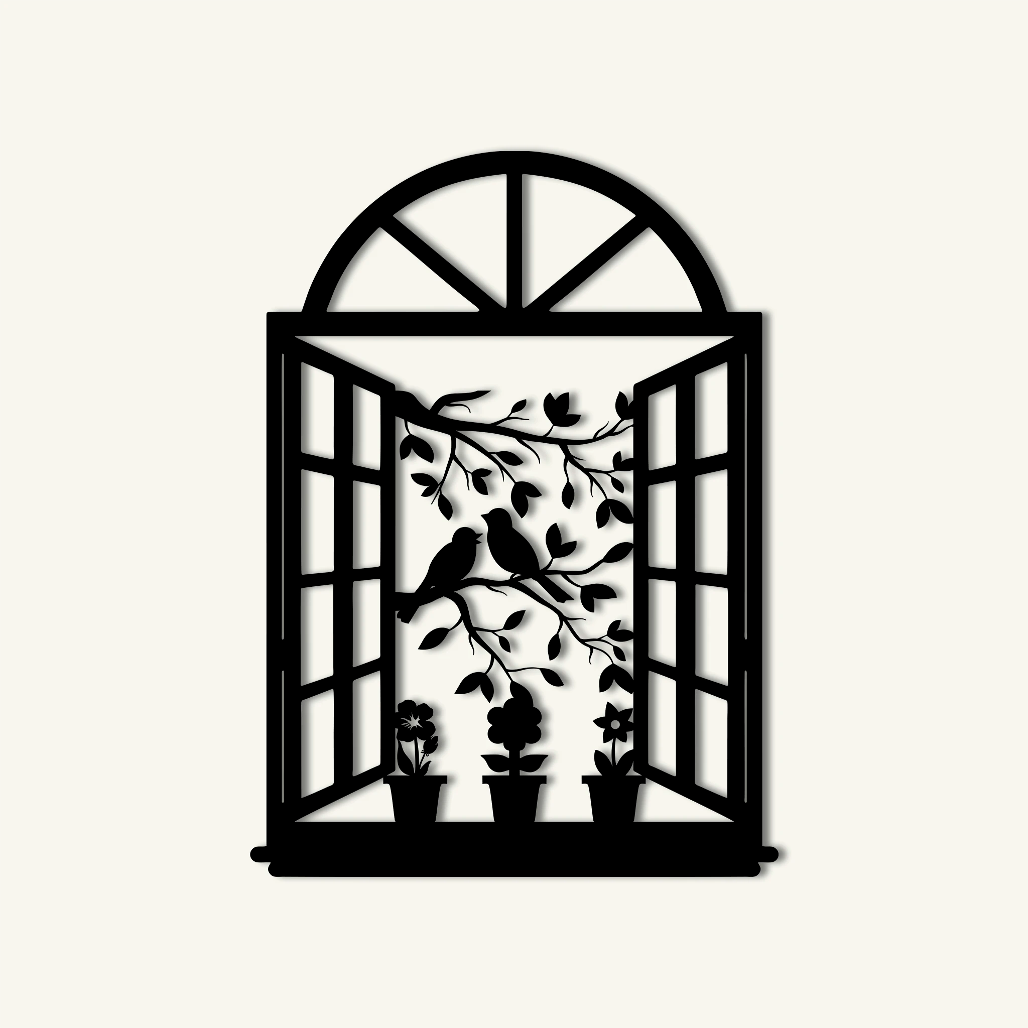 Charming Window Birds Metal Wall Art 45 × 62 cm / Black