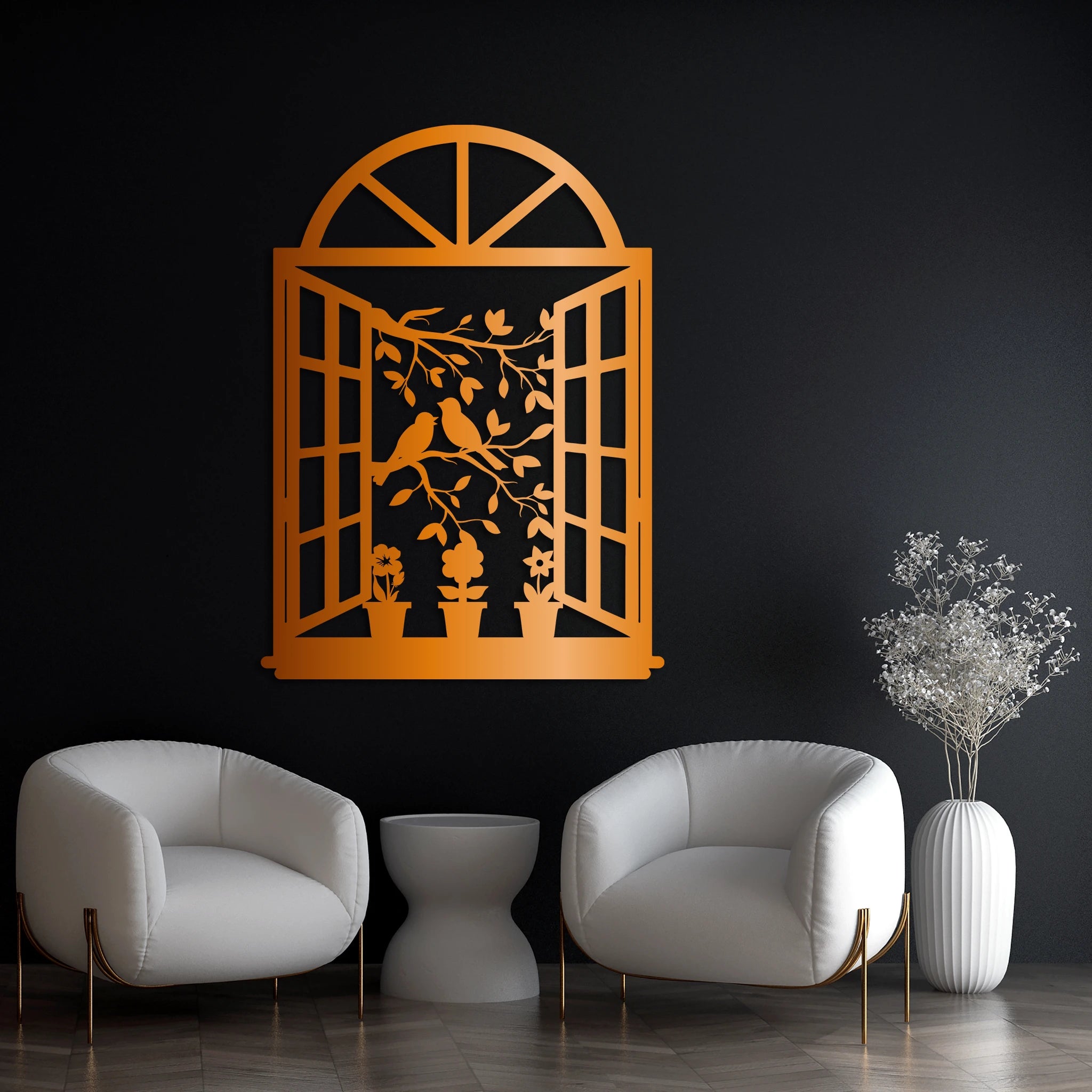 Charming Window Birds Metal Wall Art 45 × 62 cm / Black