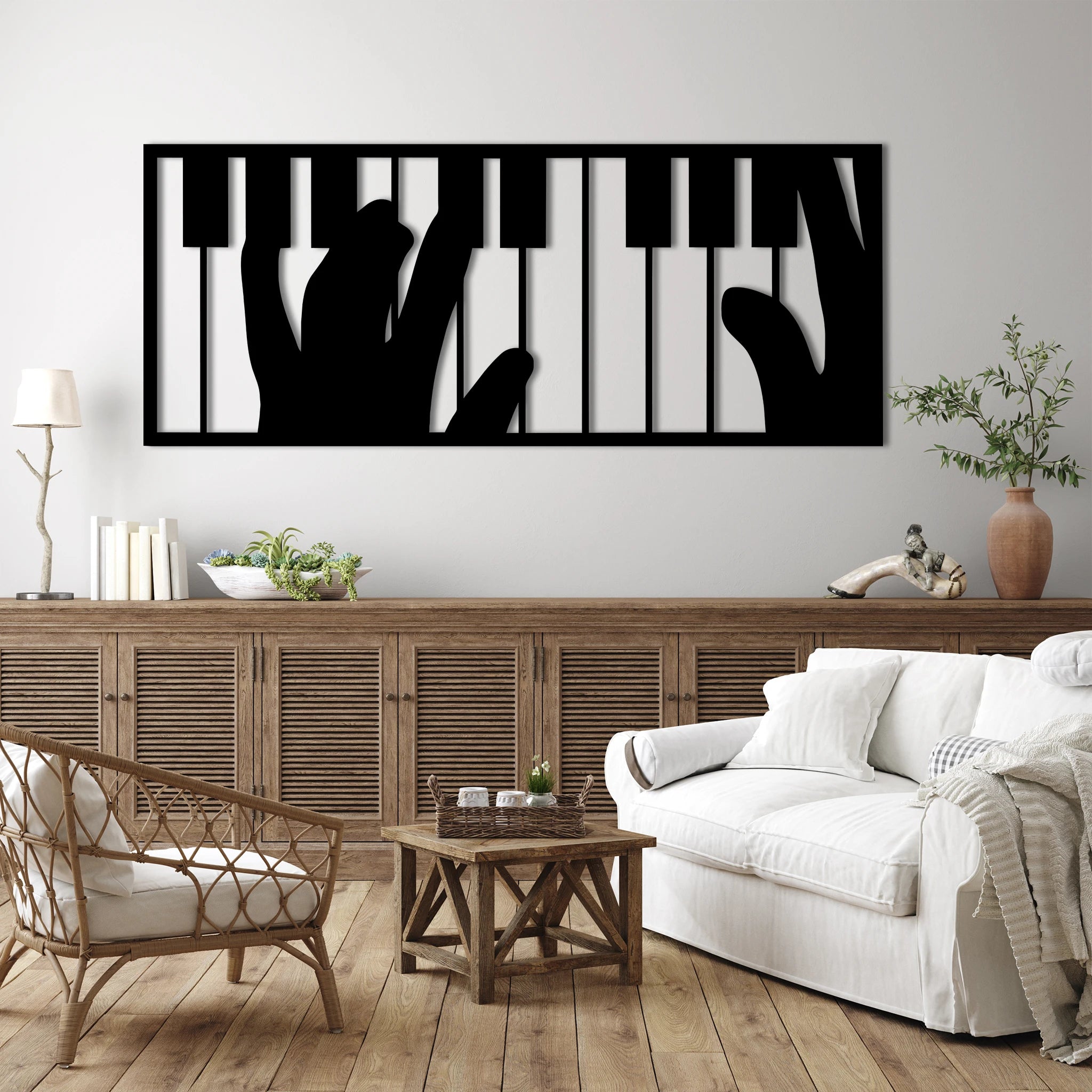 Modern Piano Keys Metal Wall Art 85 × 35 cm / Black