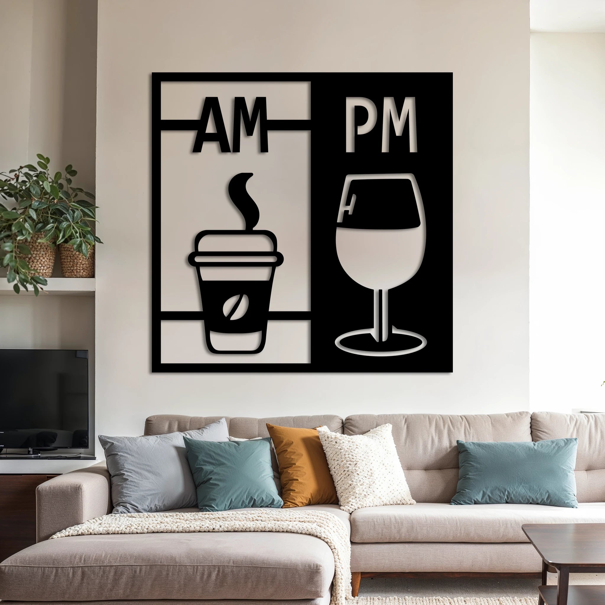 Modern Coffee and Wine Metal Wall Art 62 × 62 cm / Black