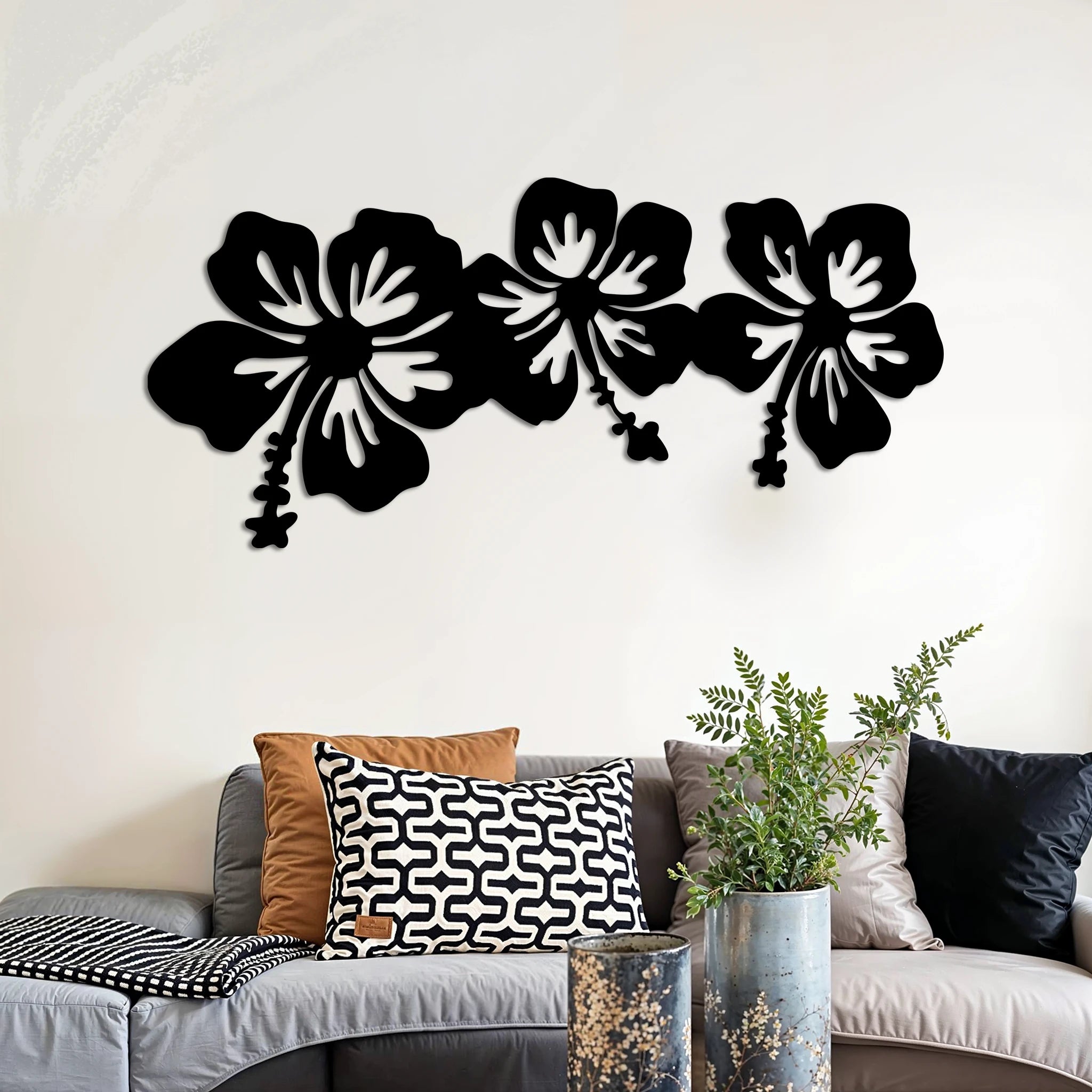 Elegant Hibiscus Floral Metal Wall Art Set 85 × 40 cm / Black